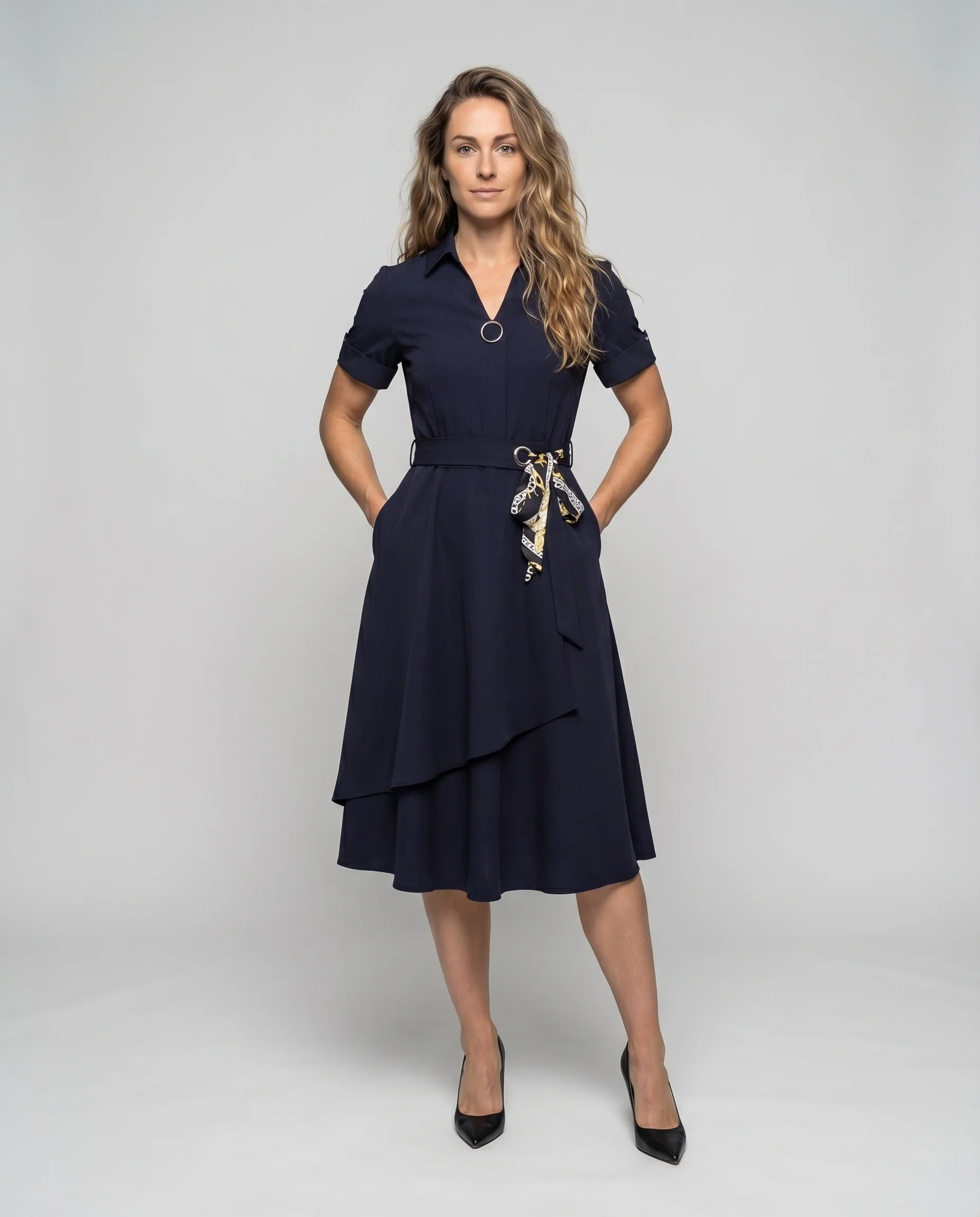 Damen Smartes Midikleid Hemdkragen Lagenrock Tuchgürtel