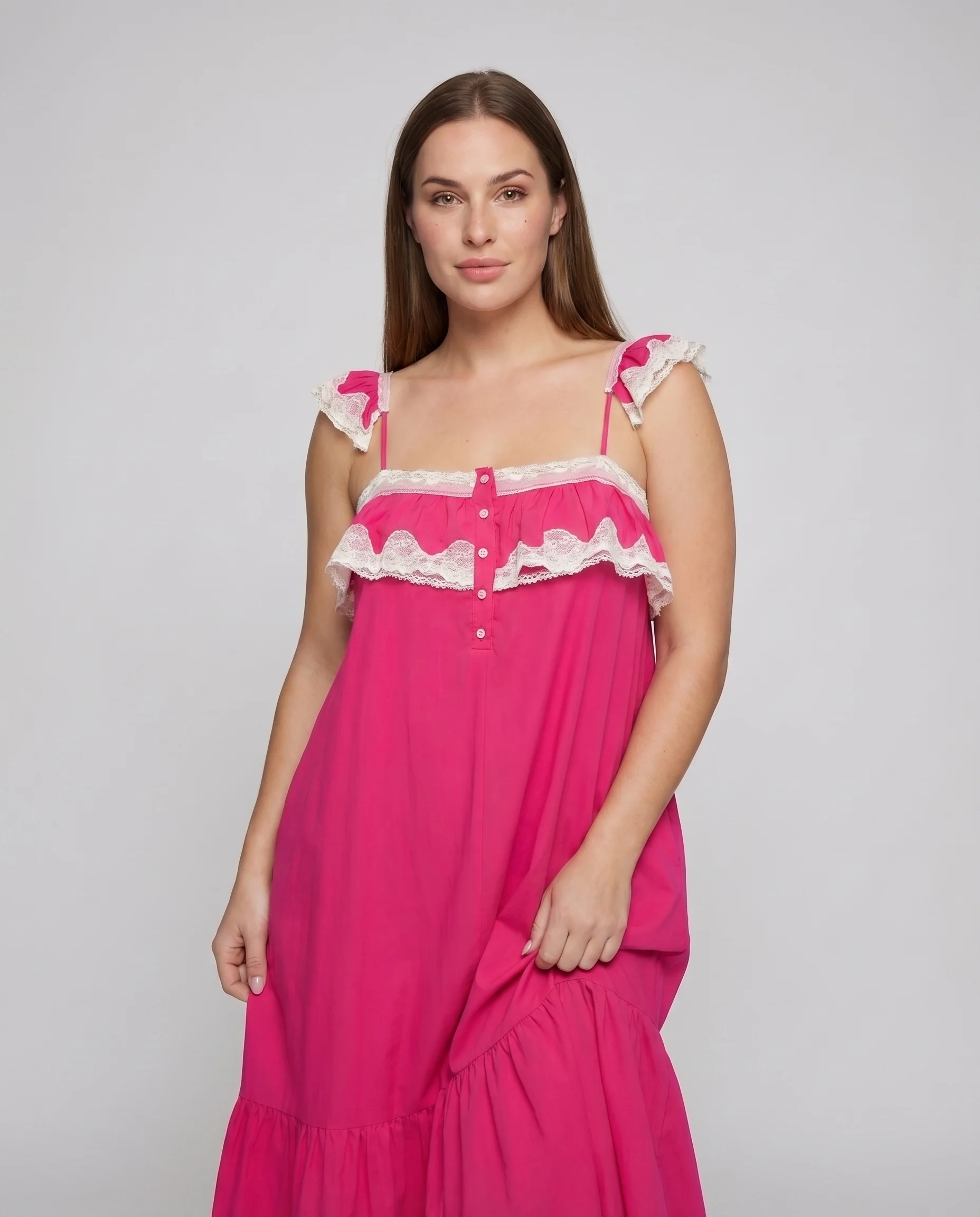 Damen Sommer-Maxikleid Flügelärmel Spitzenbesatz Bodenlang - Image 2