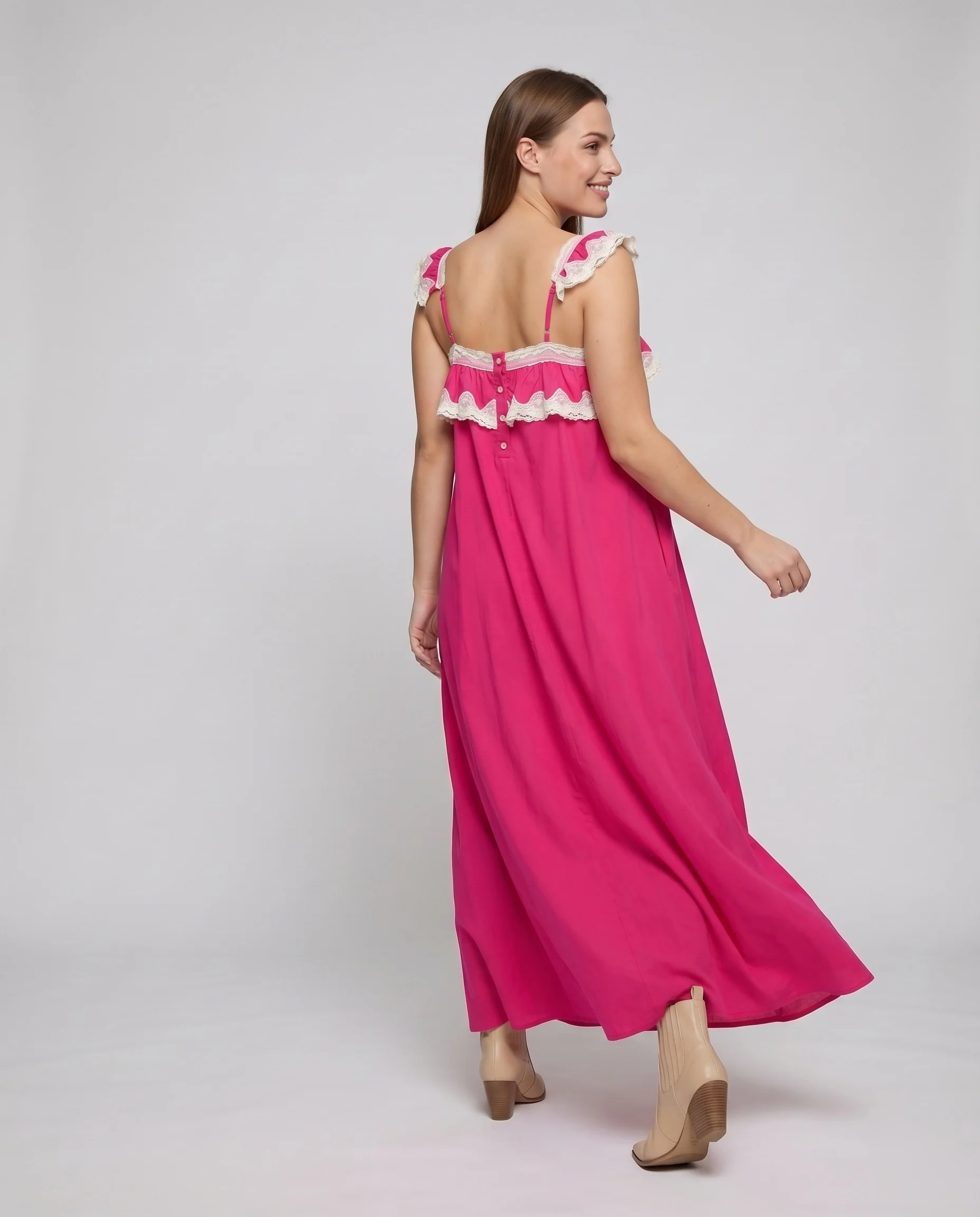 Damen Sommer-Maxikleid Flügelärmel Spitzenbesatz Bodenlang - Image 4