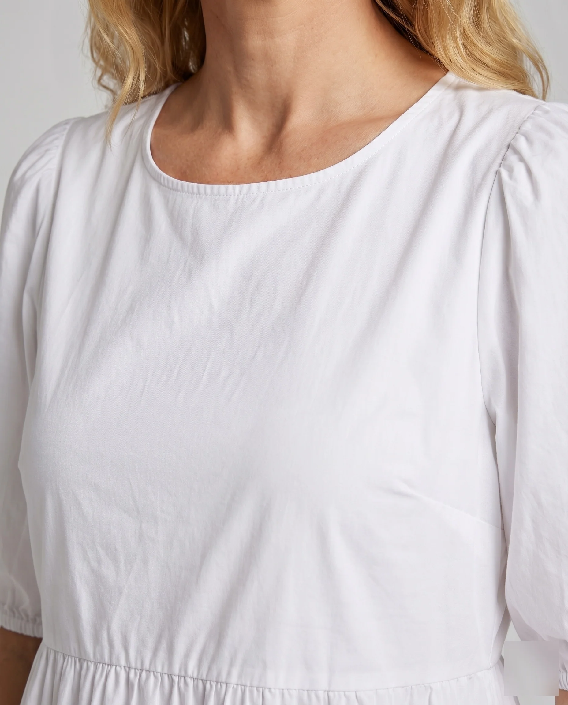 Damen Feminine Geraffte Ballonärmel Baumwollmix Babydoll-Midikleid - Image 3