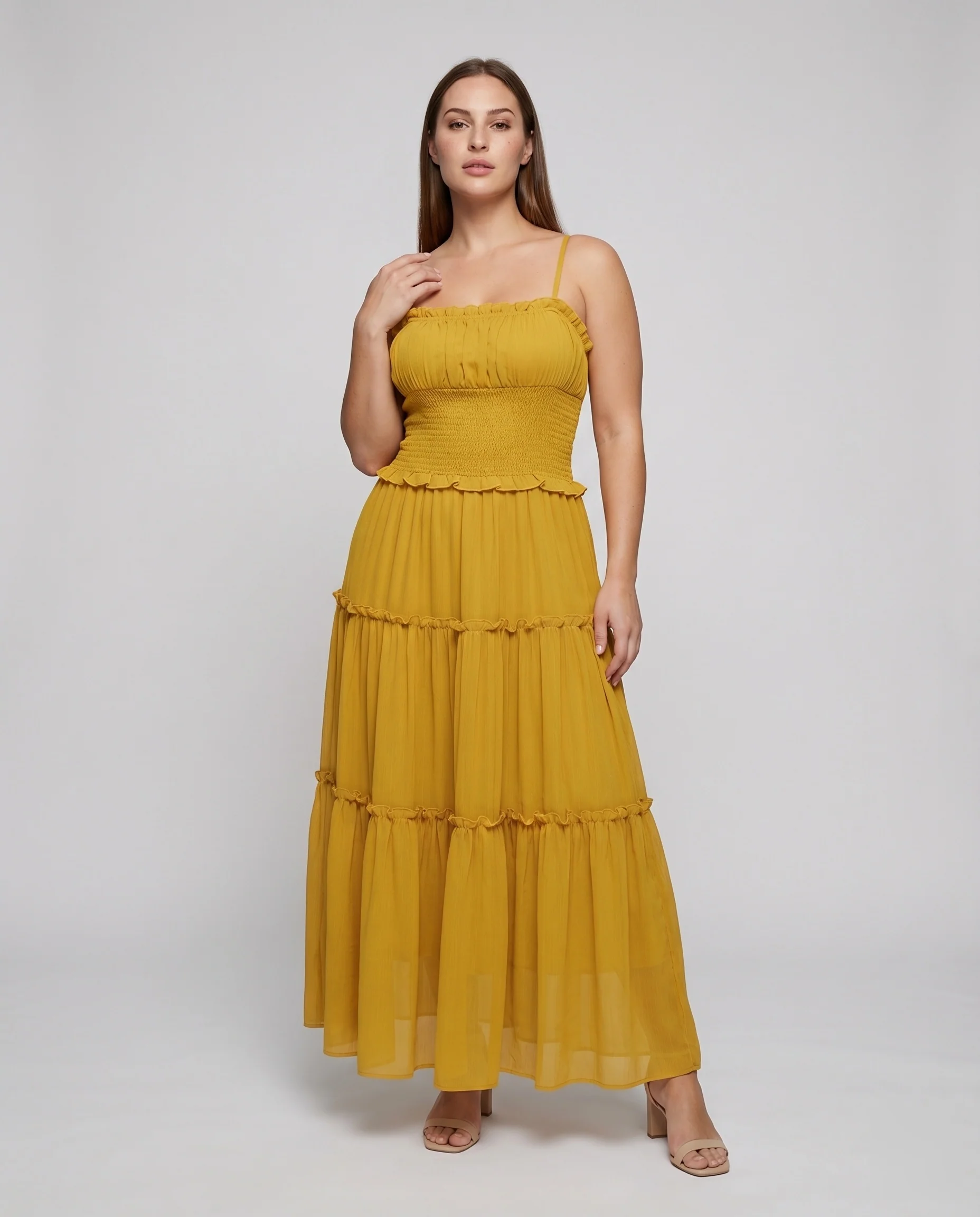 Damen Teller-Maxikleid Elastische Brust Volantrock Voile-Qualität
