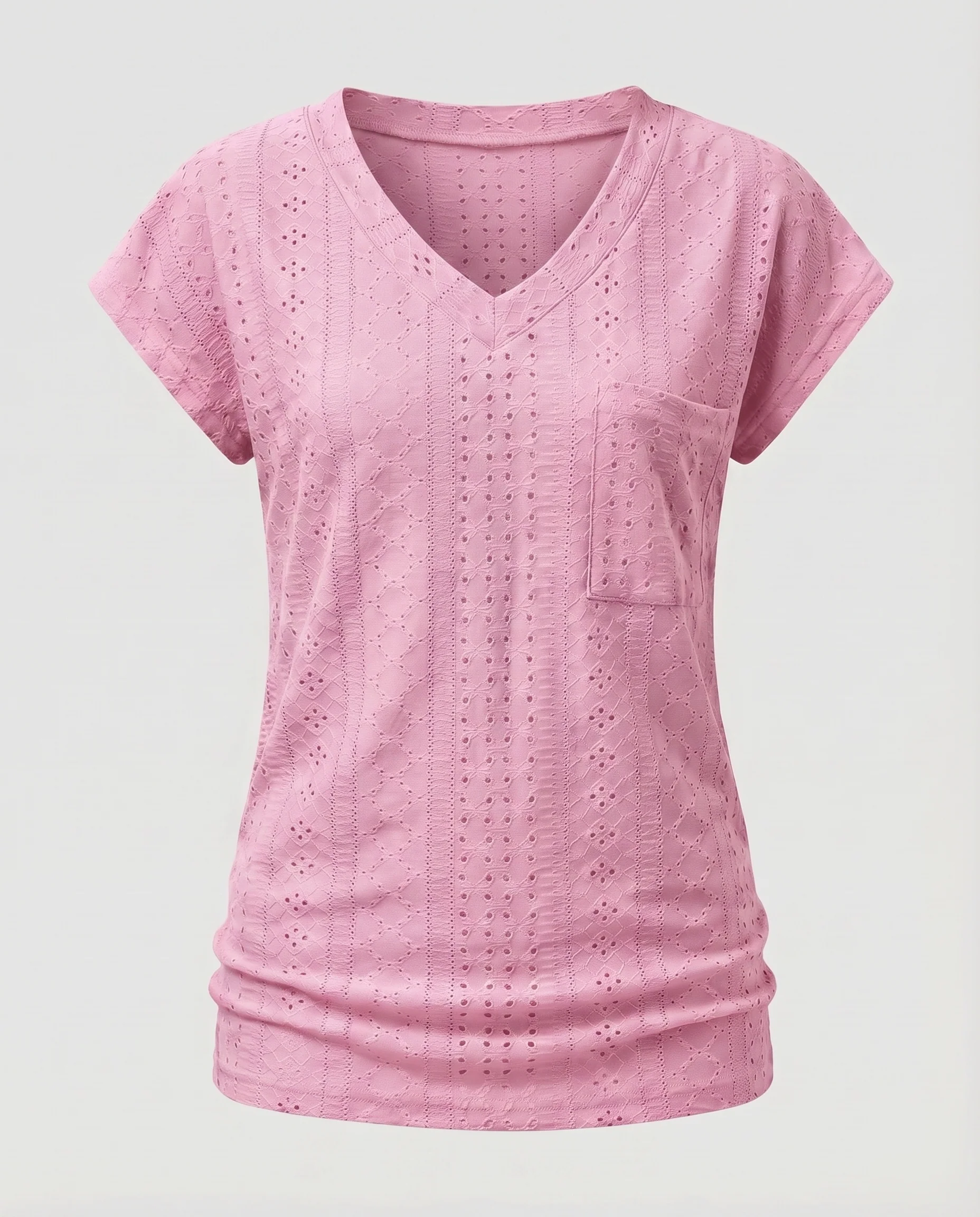 Damen V-Ausschnitt-T-Shirt Lochspitze Brusttasche Sommerlich - Image 7