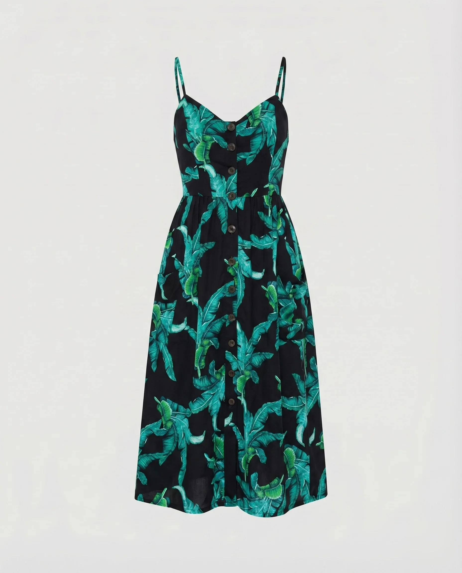 Damen Tropische Tropischer Blattprint Mischgewebe Spaghettiträger-Midikleid - Image 6