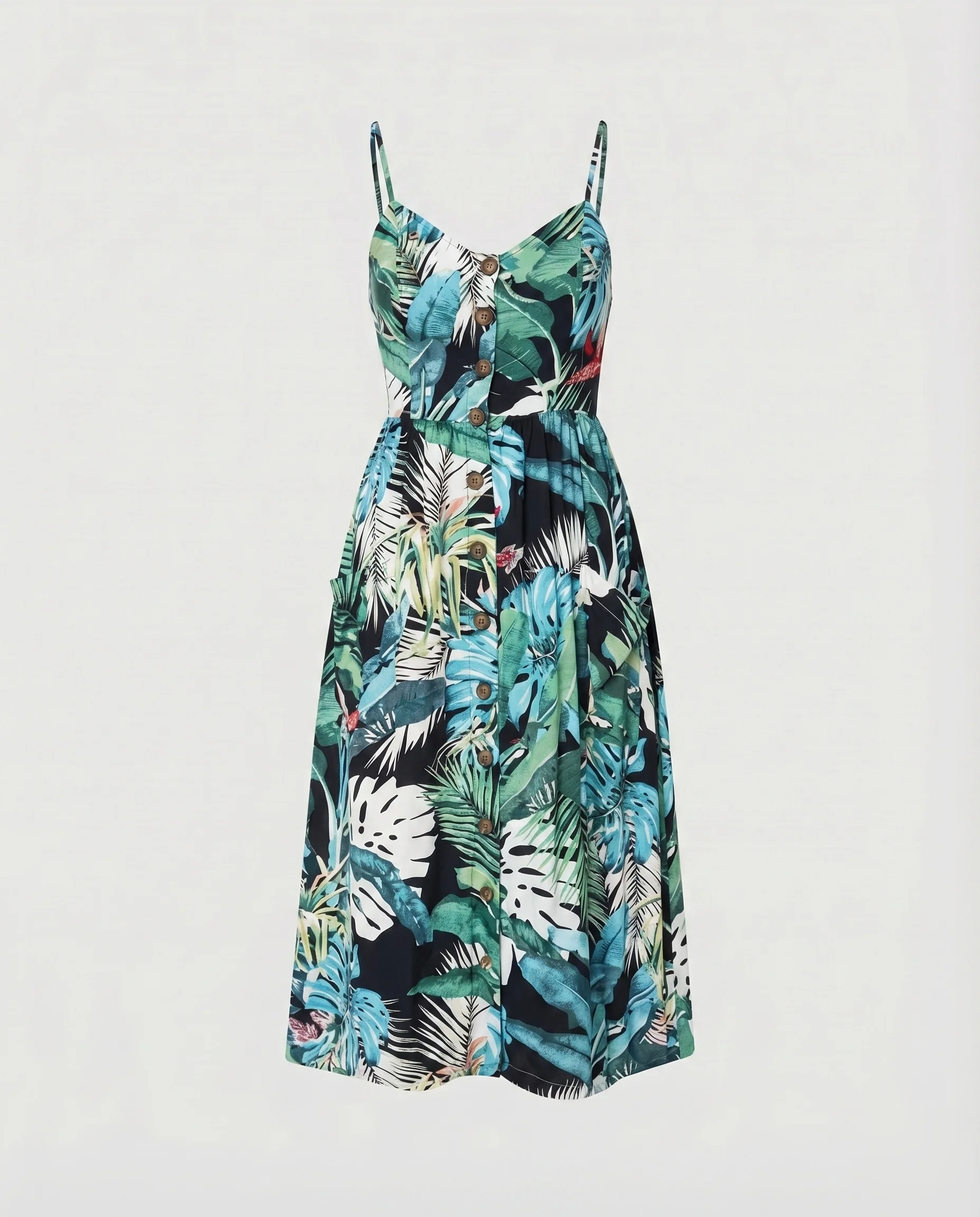 Damen Tropische Tropischer Blattprint Mischgewebe Spaghettiträger-Midikleid - Image 8
