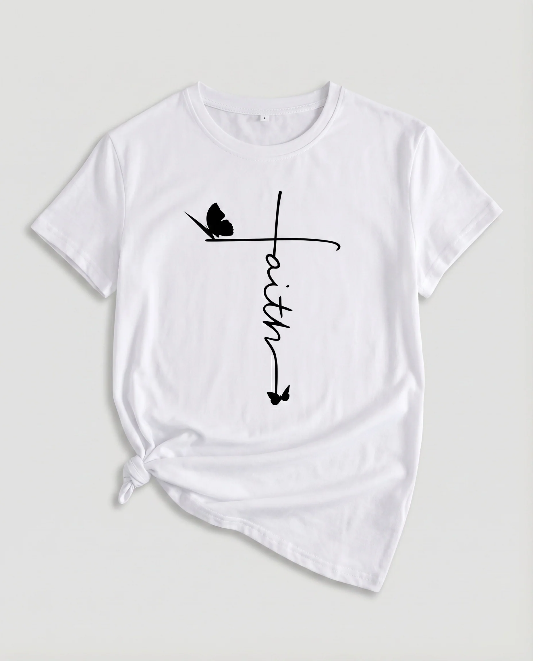Damen Statement-T-Shirt Kreuz-Schriftzug Schmetterlingsmotiv Knotendetail - Image 7