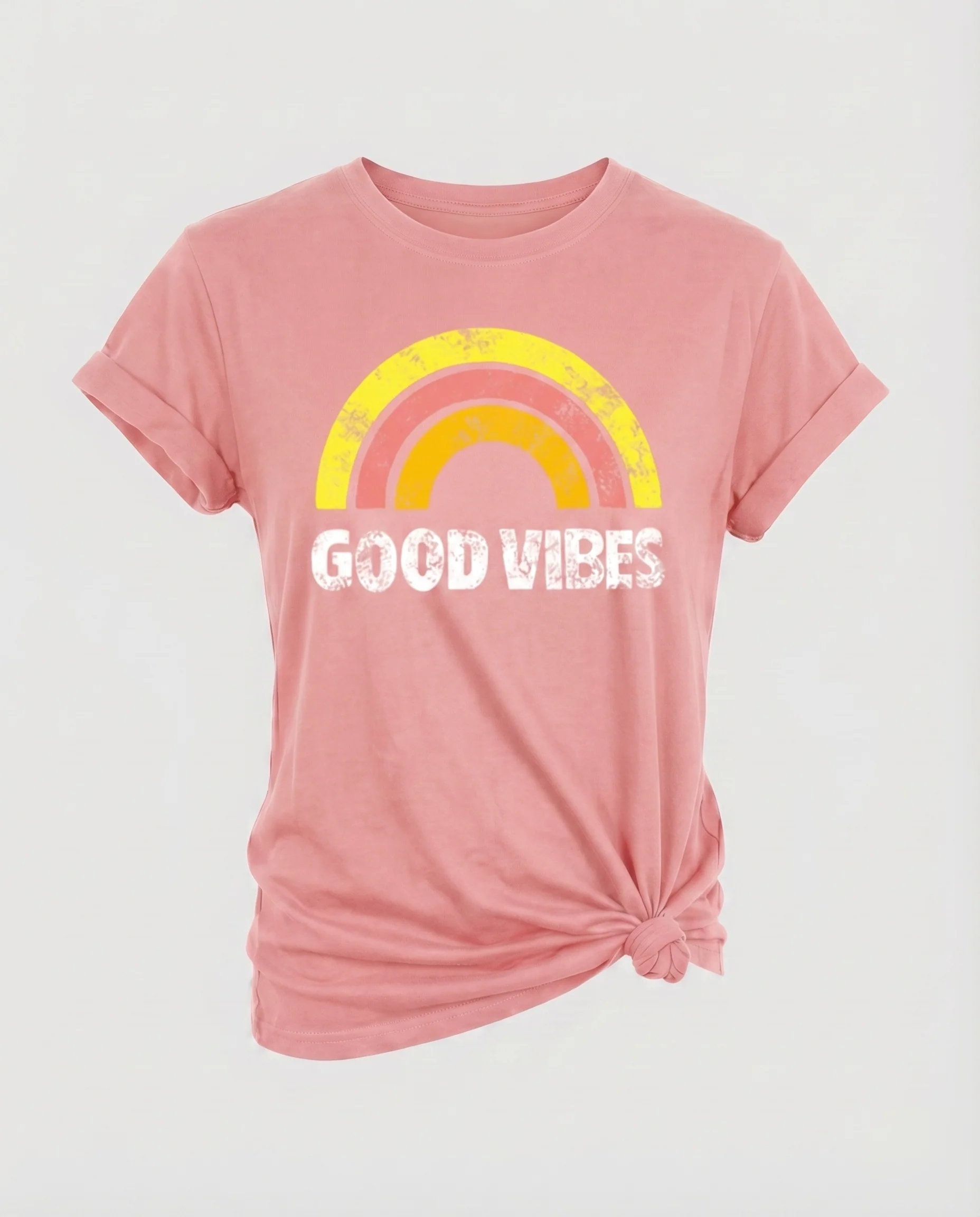 Damen Statementshirt Regenbogenmotiv Retro-Look Knotendetail - Image 11