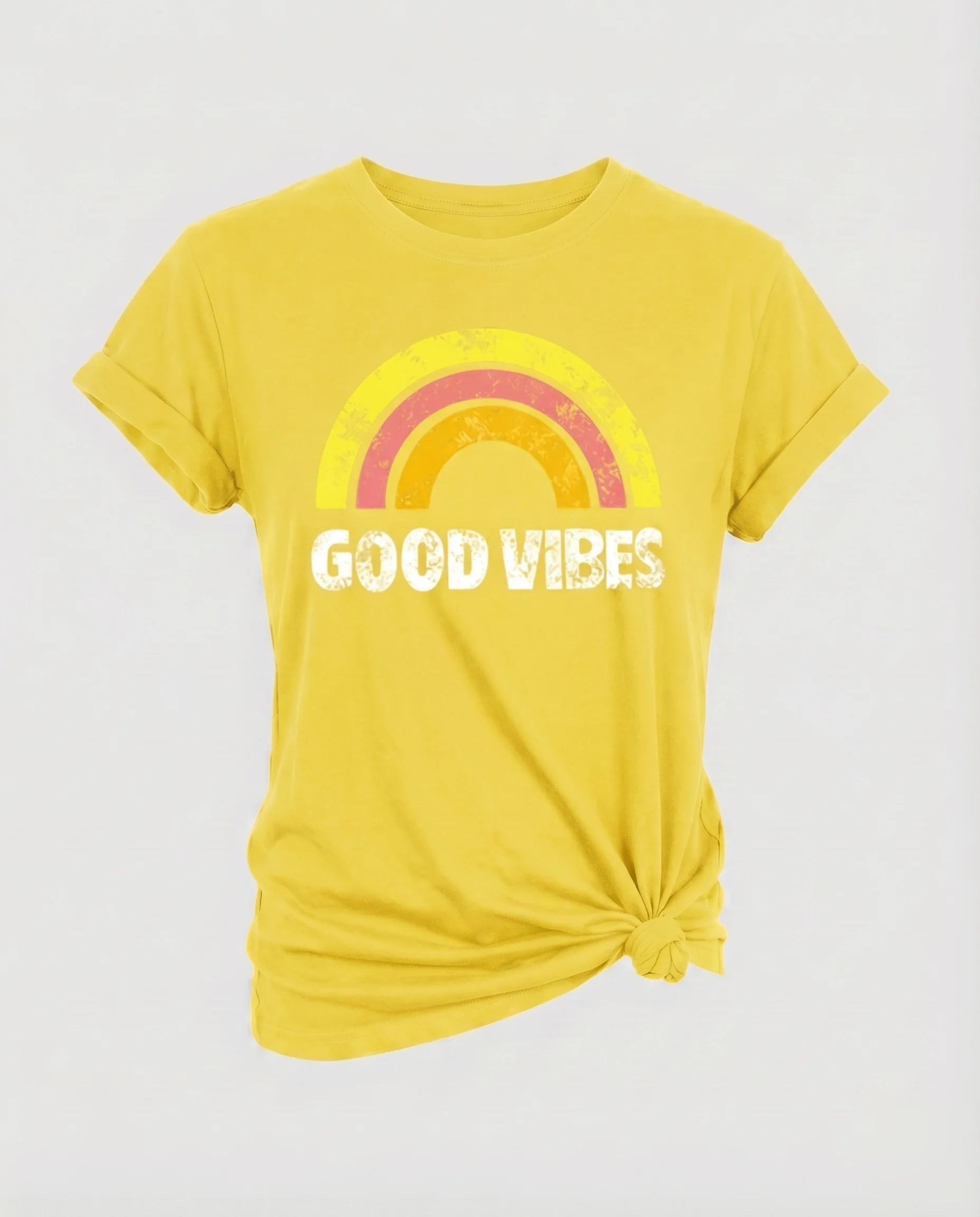 Damen Statementshirt Regenbogenmotiv Retro-Look Knotendetail - Image 6