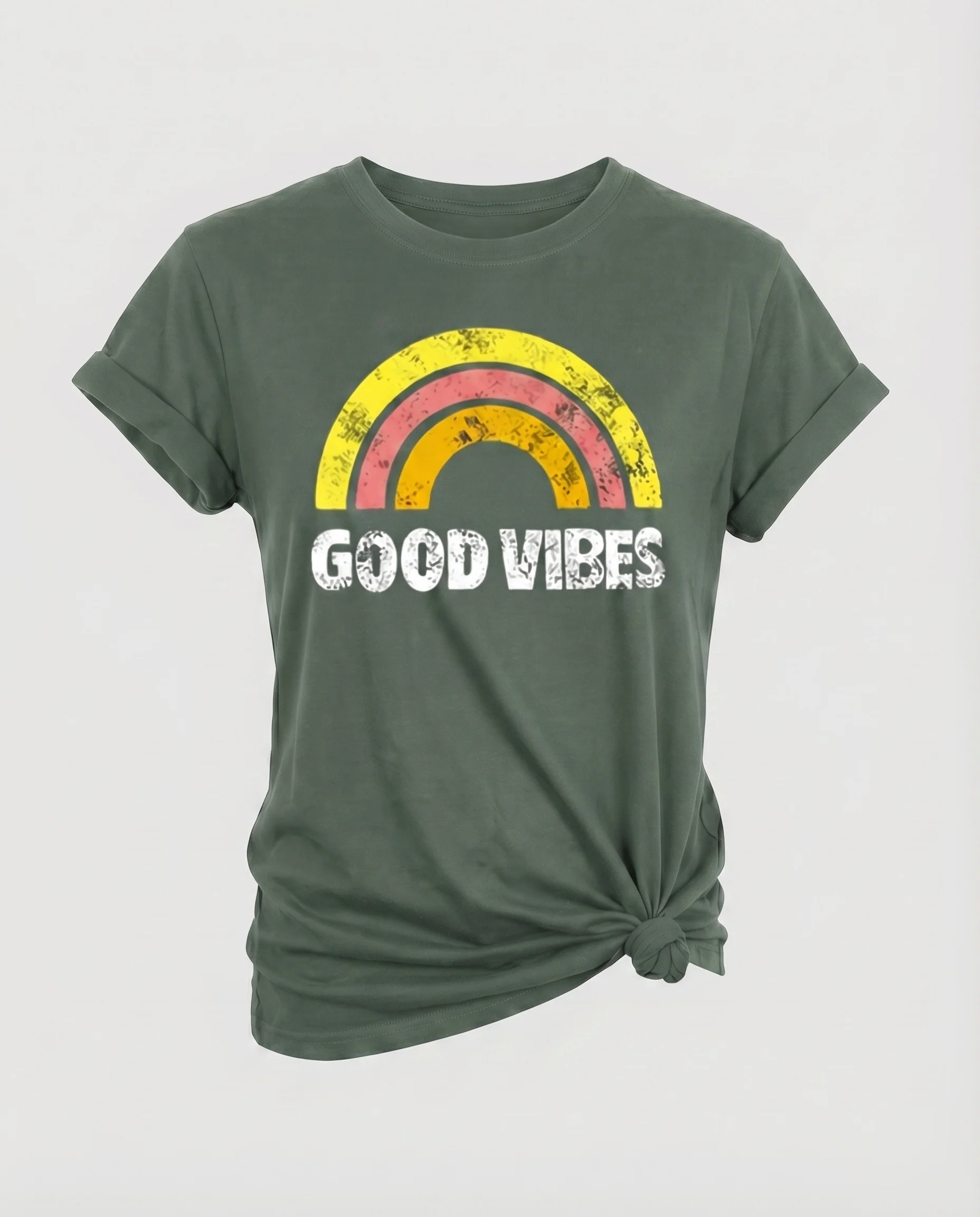 Damen Statementshirt Regenbogenmotiv Retro-Look Knotendetail - Image 8