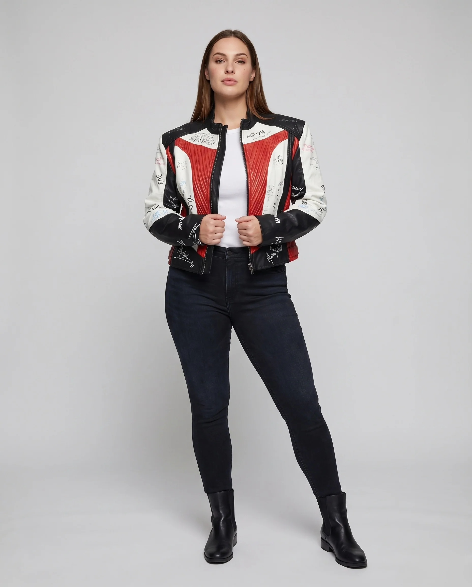 Damen Motorsport-Bomberjacke Lederstruktur Schulterpasse Druckmotive