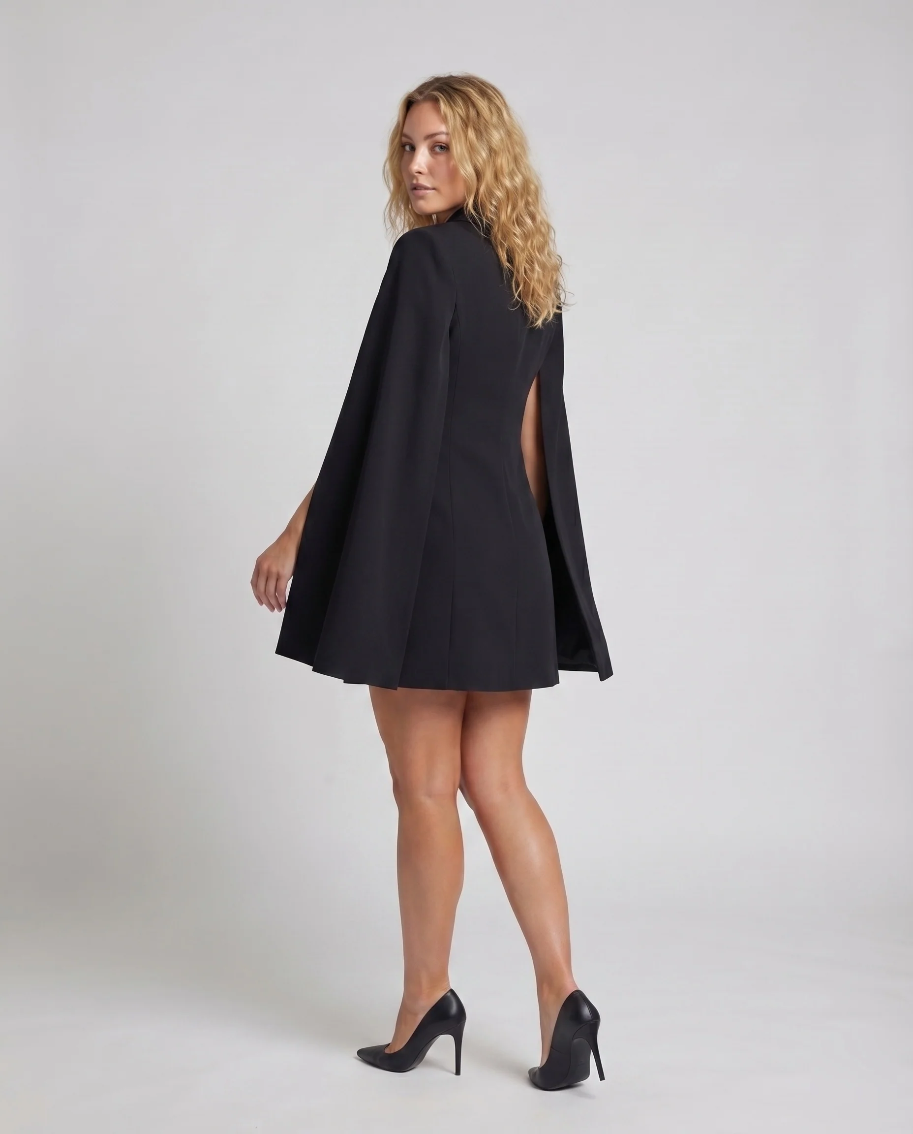 Damen Moderne Verdeckte Doppelknopfleiste Mischgewebe Cape-Blazer-Minikleid - Image 4