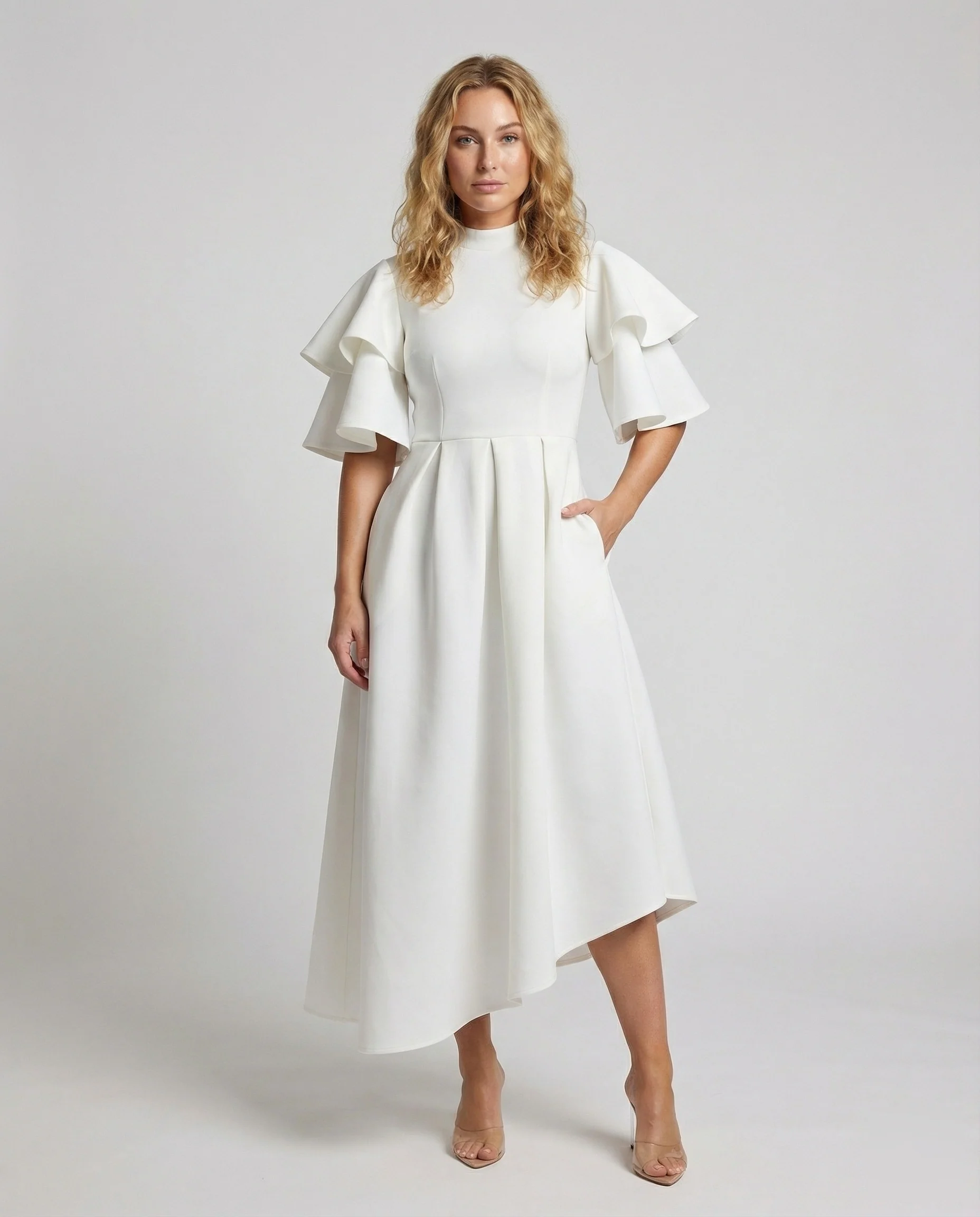 Damen Midi-Stufenkleid Volantärmel A-Linie