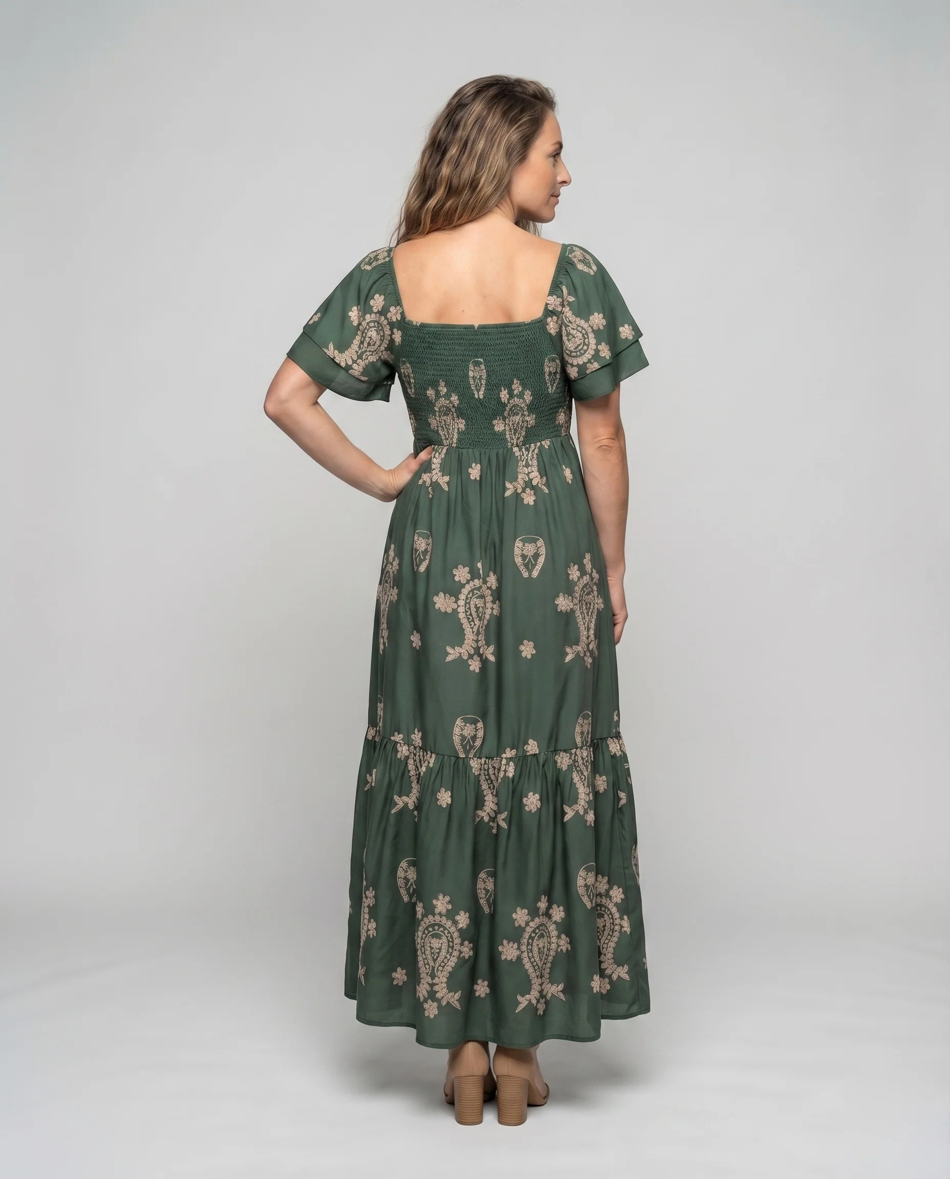Damen Paisley-Maxikleid Smokoberteil Flügelärmel Eckiger Ausschnitt - Image 4