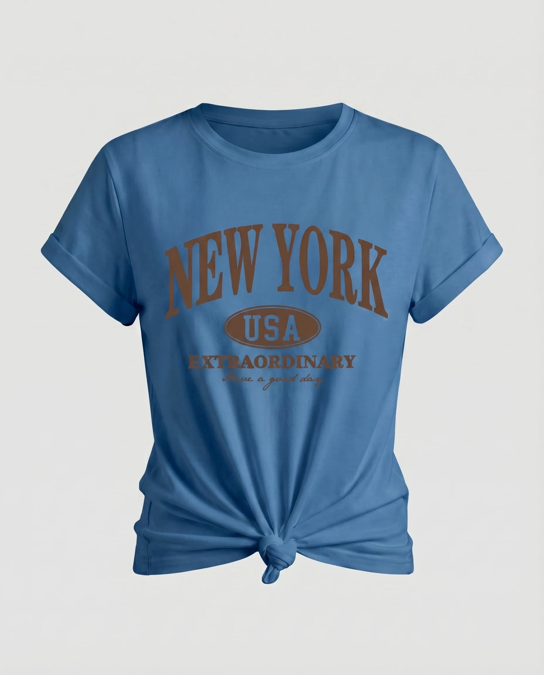 Damen T-Shirt New-York-Schriftzug Knoten-Saum Krempelärmel - Image 13