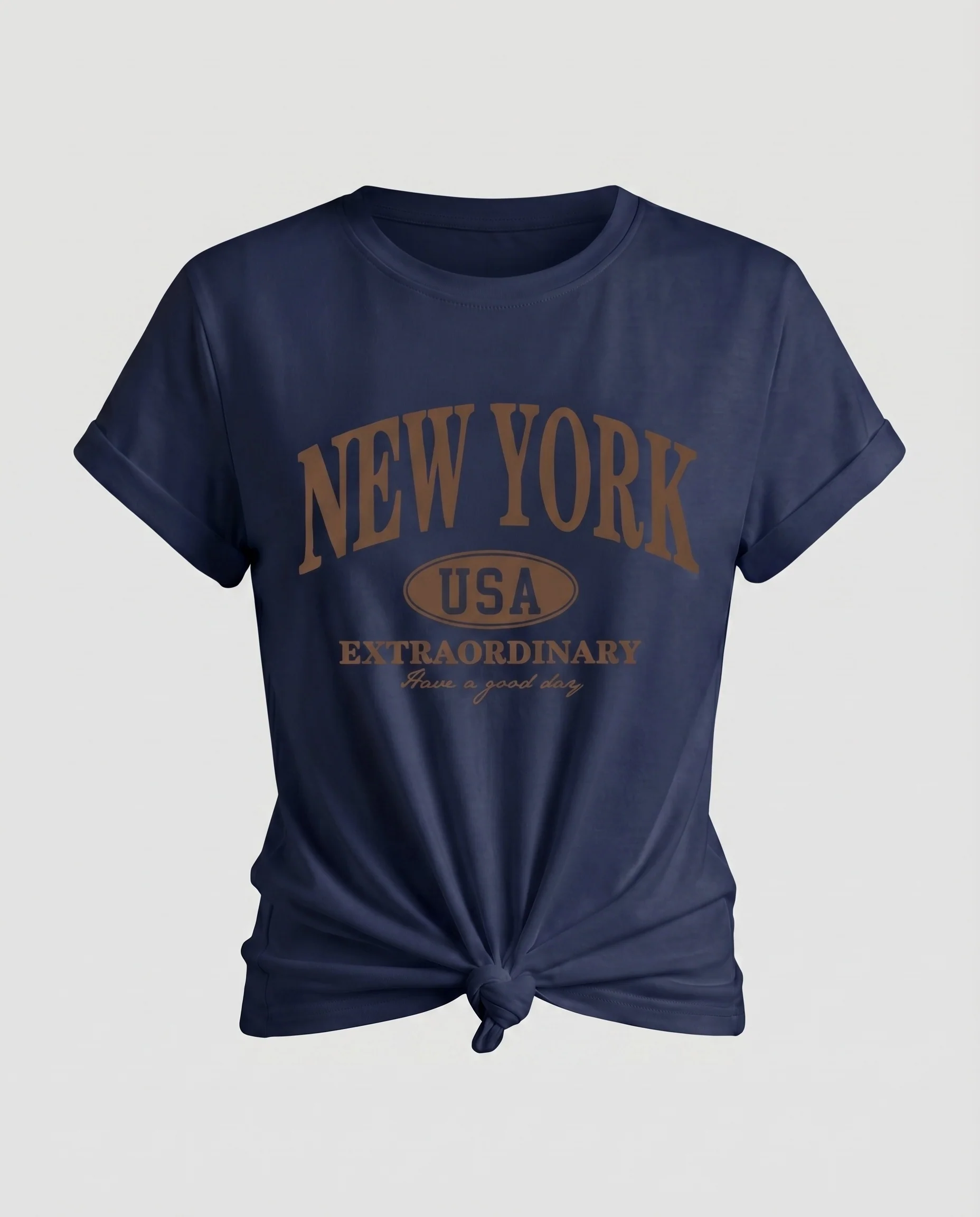 Damen T-Shirt New-York-Schriftzug Knoten-Saum Krempelärmel - Image 14