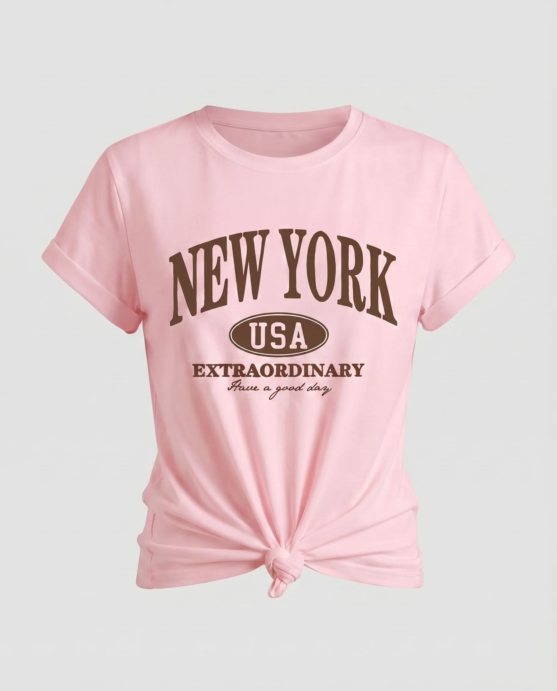 Damen T-Shirt New-York-Schriftzug Knoten-Saum Krempelärmel - Image 15