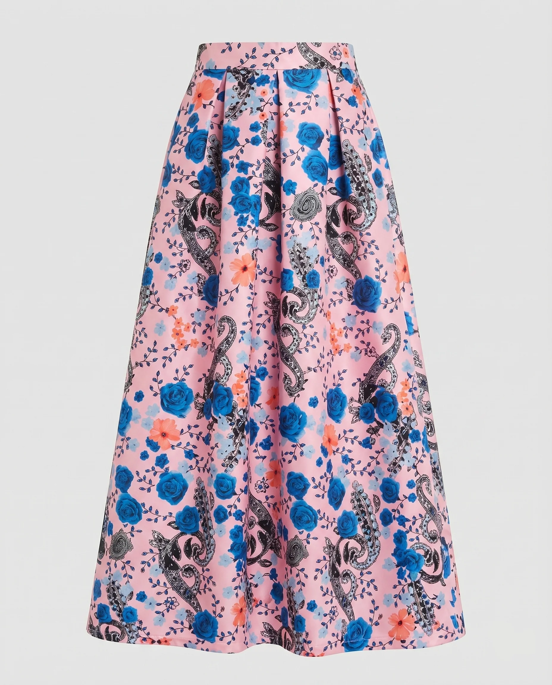 Damen Midirock Kellerfalten Großfloraler Print A-Linie - Image 8