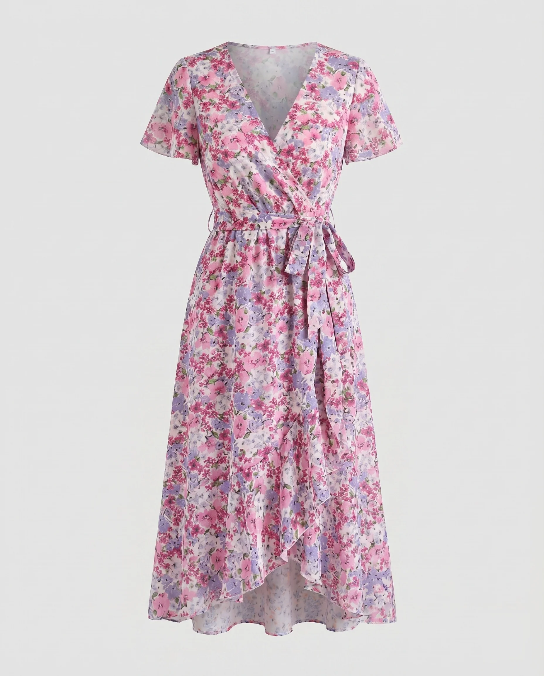 Damen Taillenbindekleid Floraler Print Flatterärmel Asymmetrischer Volant - Image 6