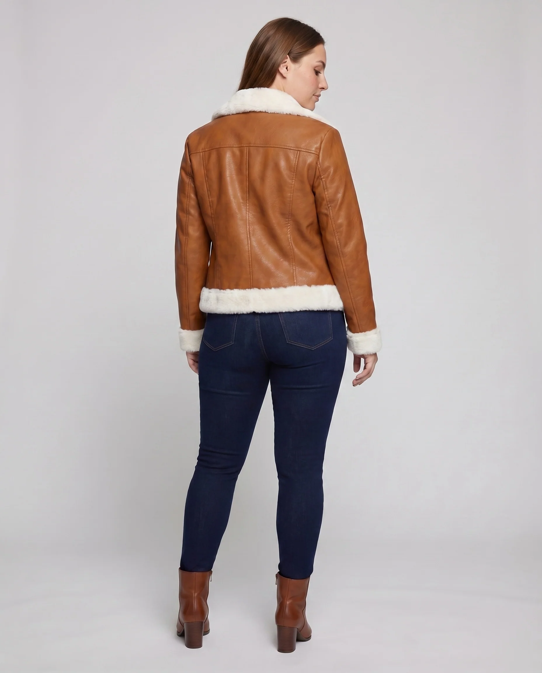 Damen Aviatorjacke Kunstleder Teddyfutter Asymmetrisch - Image 4