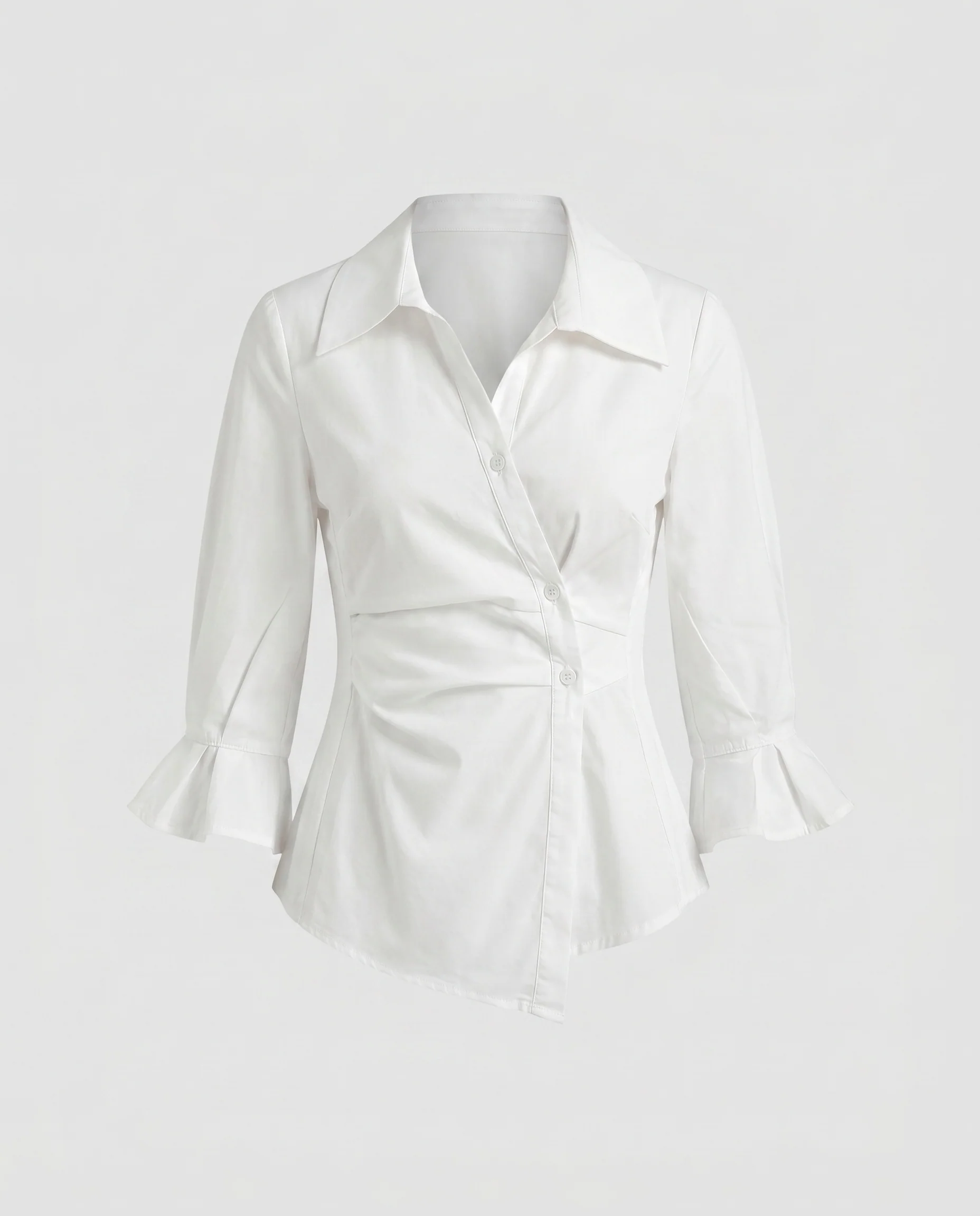 Damen nan taillierte Baumwollbluse mit asymmetrischer Knopfleiste, formenden Teilungsnähten, Schößchen und Volantärmeln - Image 5