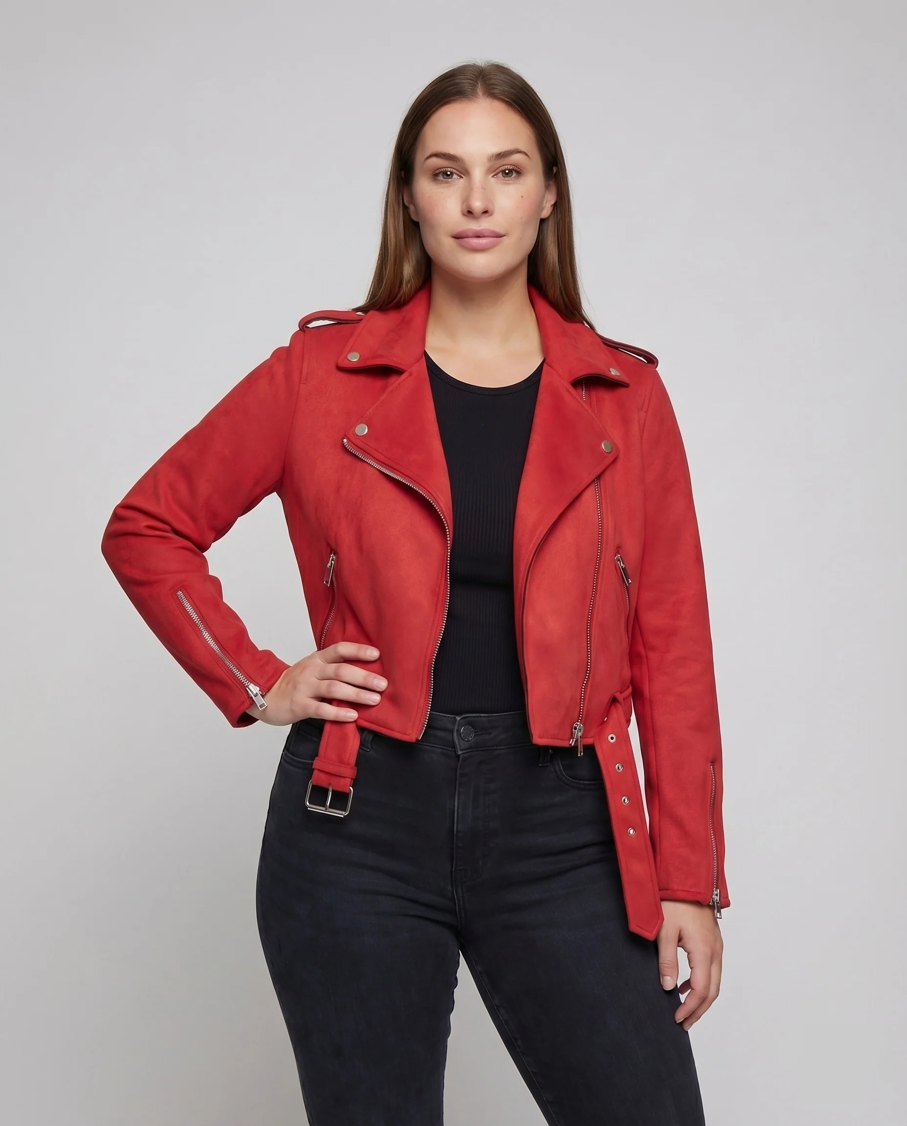 Damen Bikerjacke Vegan-Leder Asymmetrisch Taillengürtel - Image 2