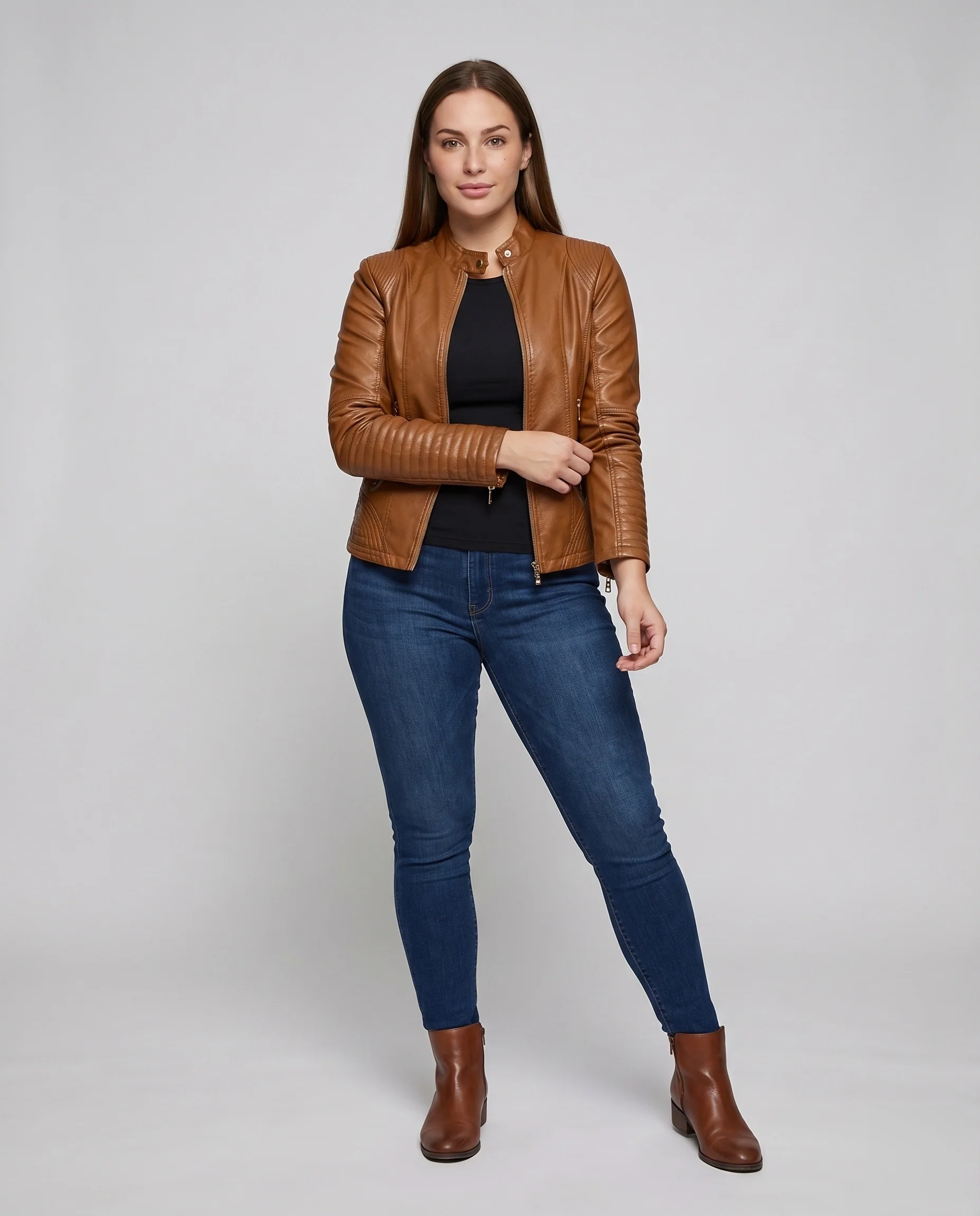Damen Bikerjacke Vegan-Leder Stehkragen Ziersteppungen