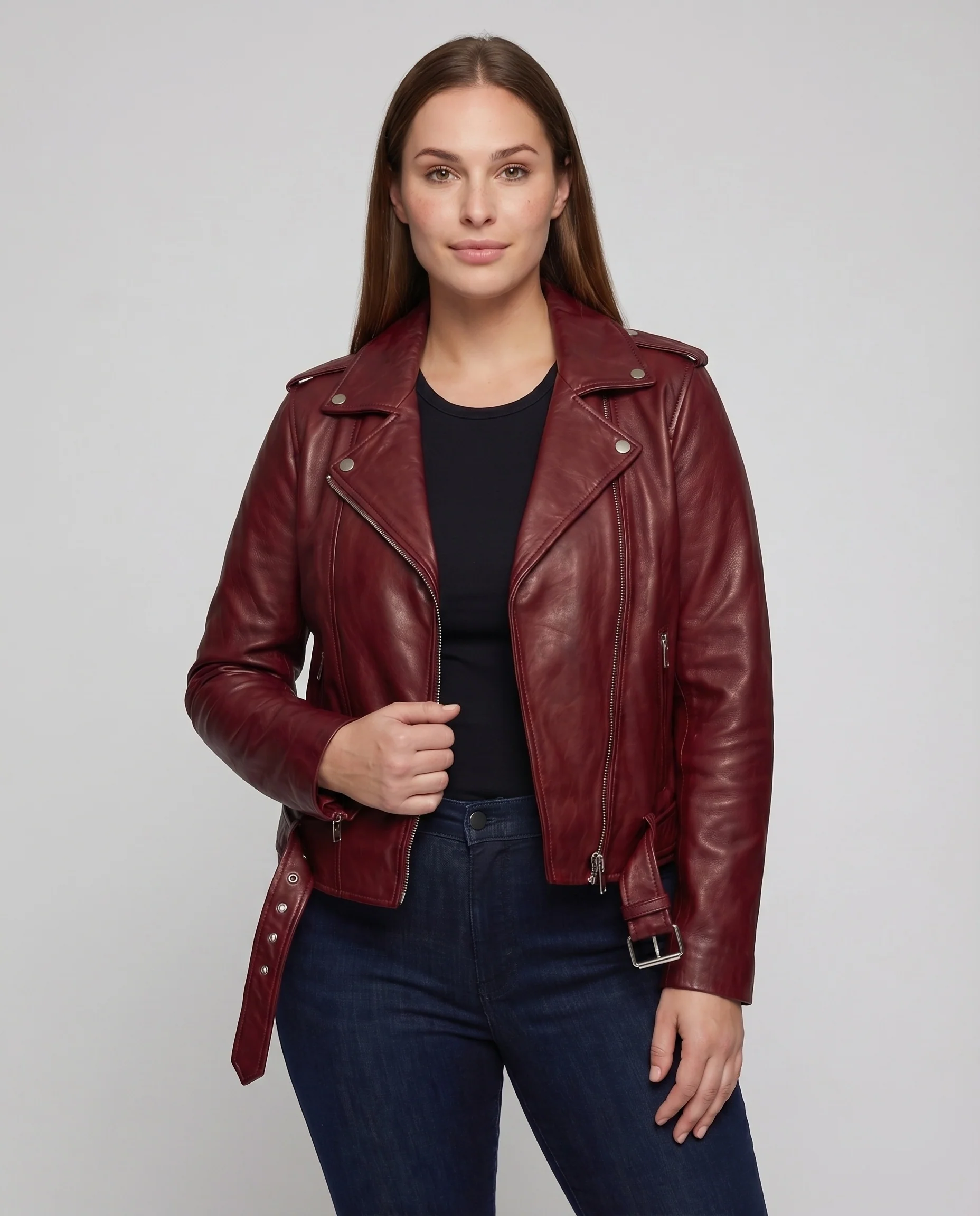 Damen Bikerjacke Veloursoptik Asymmetrisch Taillengürtel - Image 2