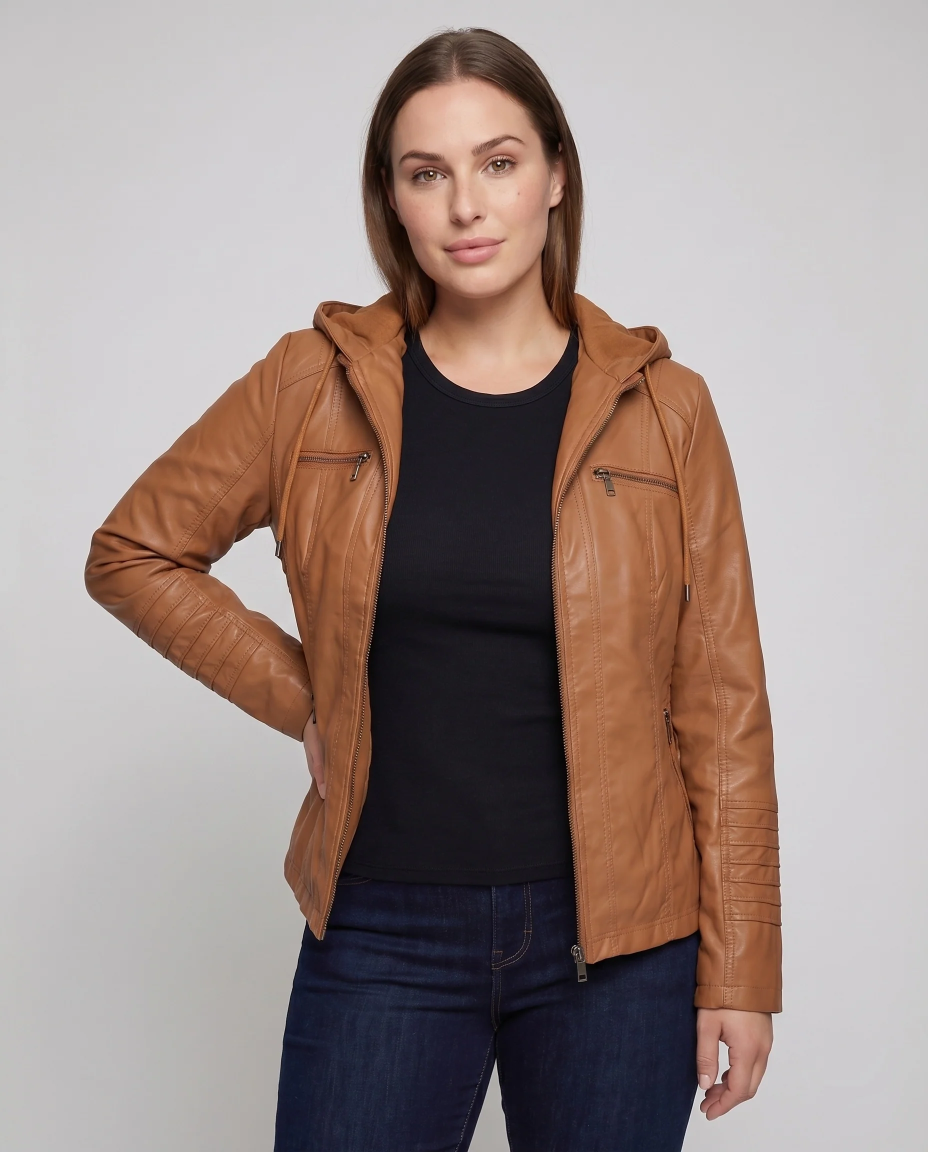 Damen Kapuzenjacke Lederimitat Jerseykapuze Ziernähte - Image 2
