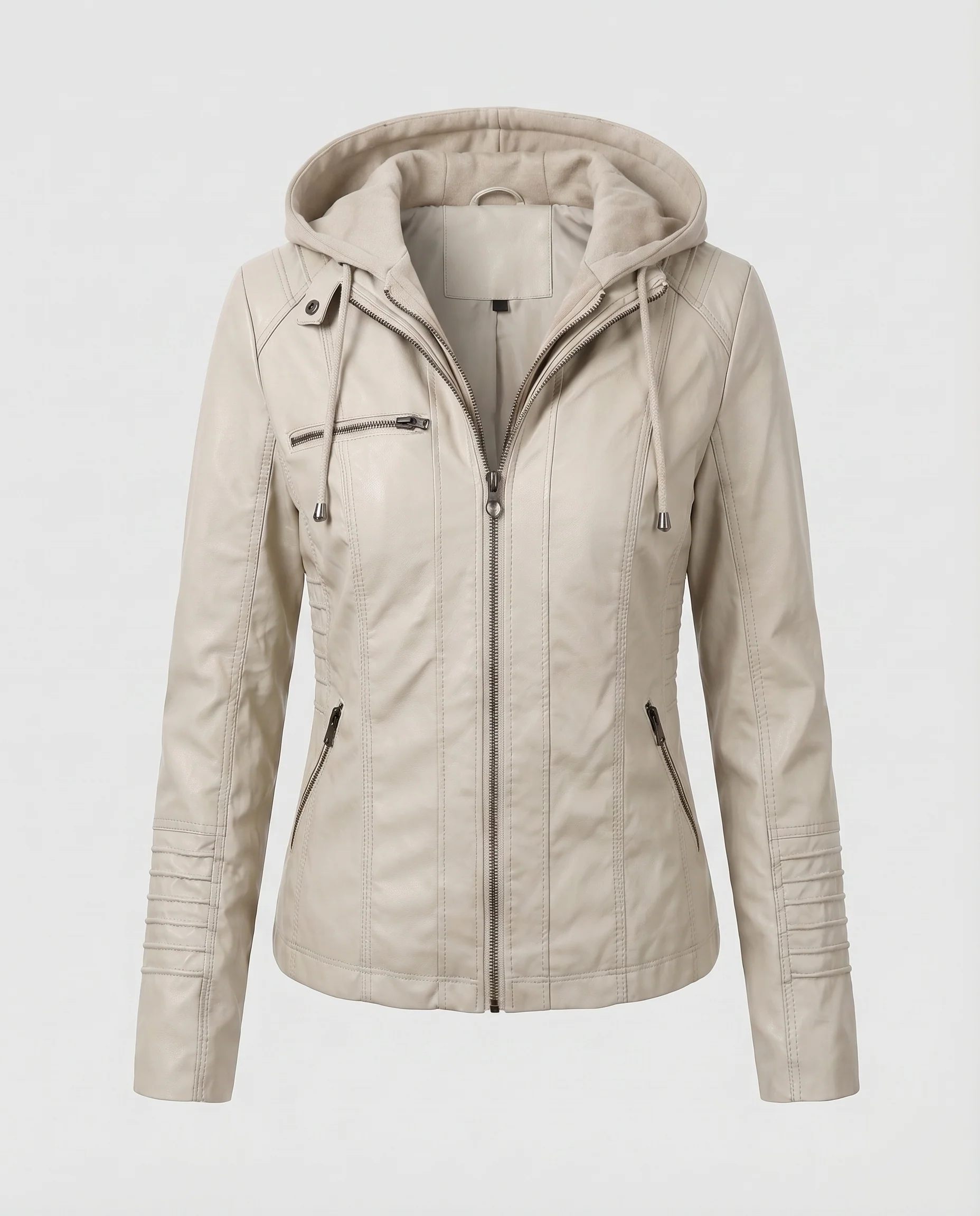 Damen Kapuzenjacke Lederimitat Jerseykapuze Ziernähte - Image 7