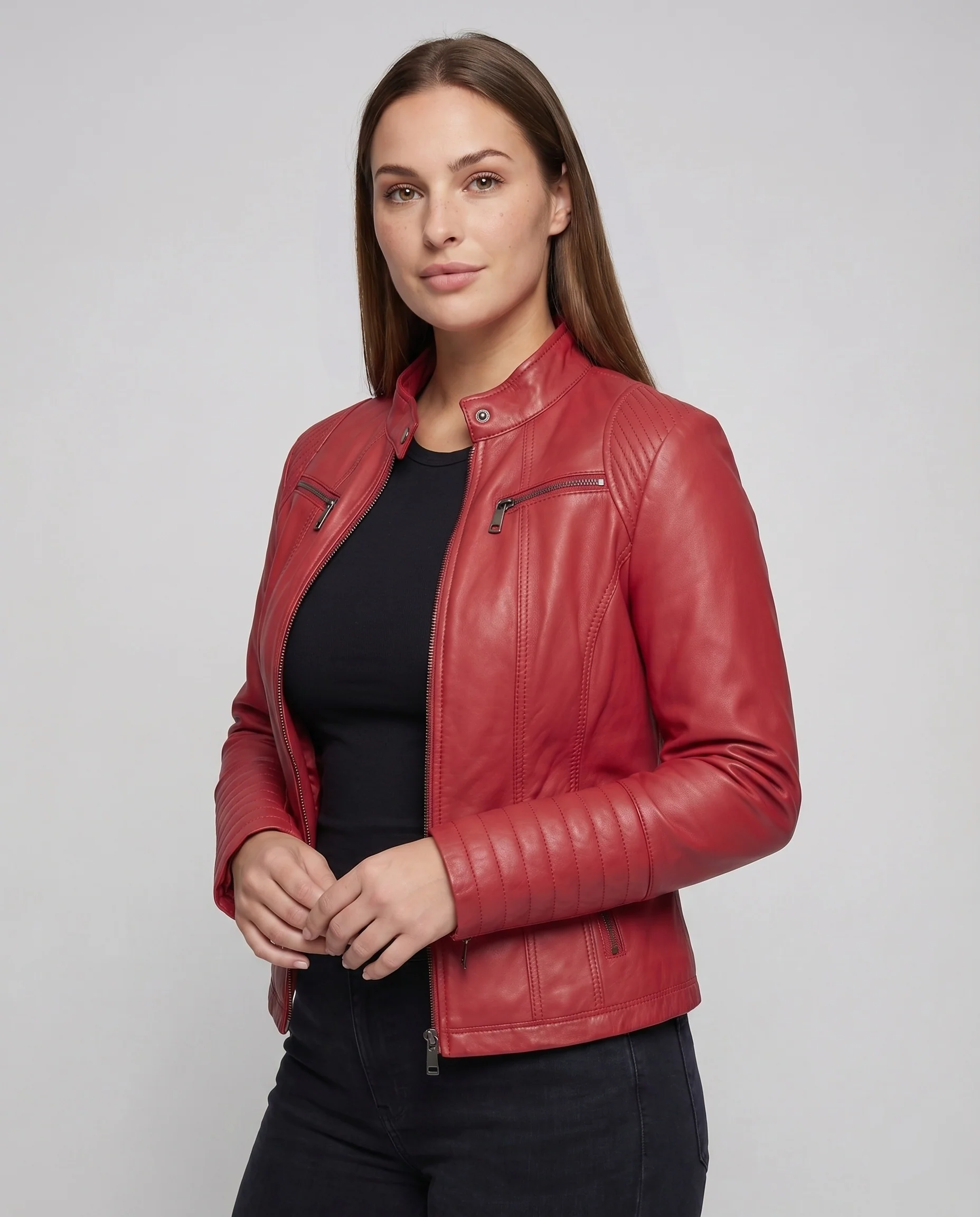 Damen Racerjacke Kunstleder Stehkragen Gesteppte Ellenbogen - Image 2
