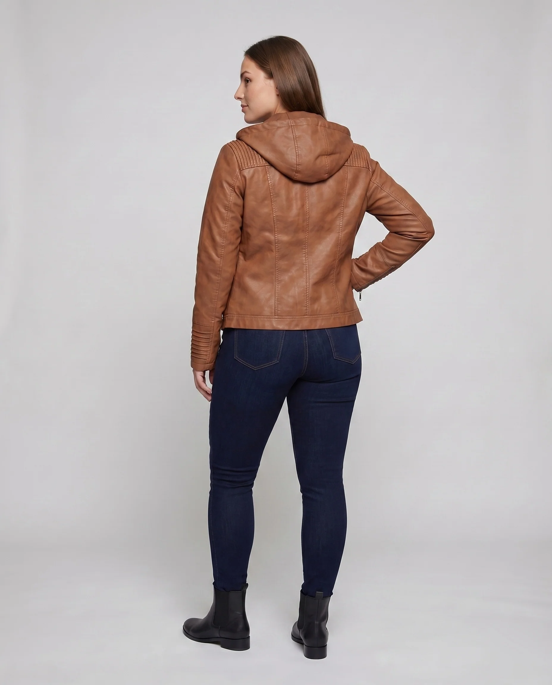 Damen Kunstlederjacke Kapuzenlayer Gesteppte Passe Zipper-Taschen - Image 4