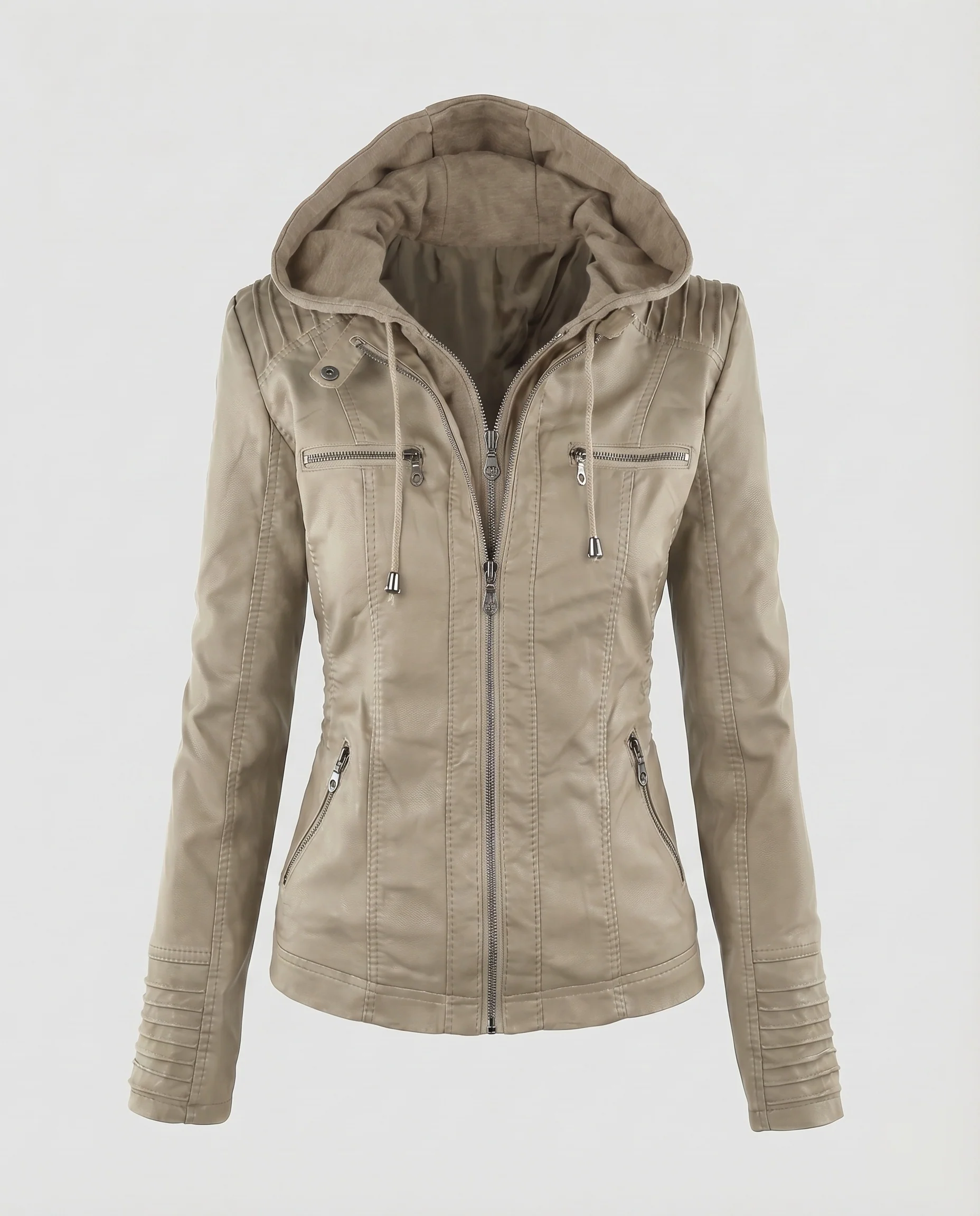 Damen Kunstlederjacke Kapuzenlayer Gesteppte Passe Zipper-Taschen - Image 6