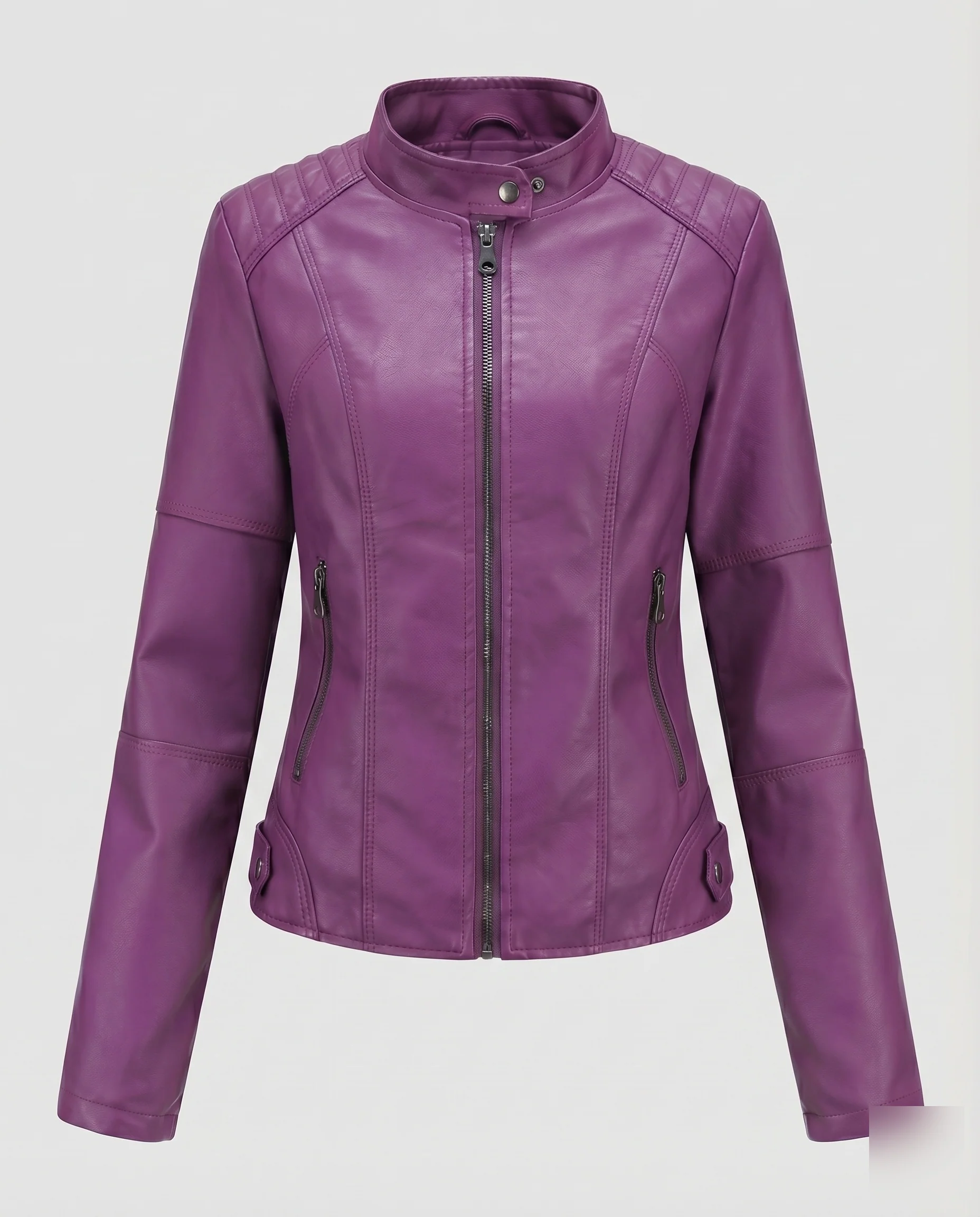 Damen Kunstlederjacke Tailliert Stehkragen Reißverschlusstaschen - Image 8