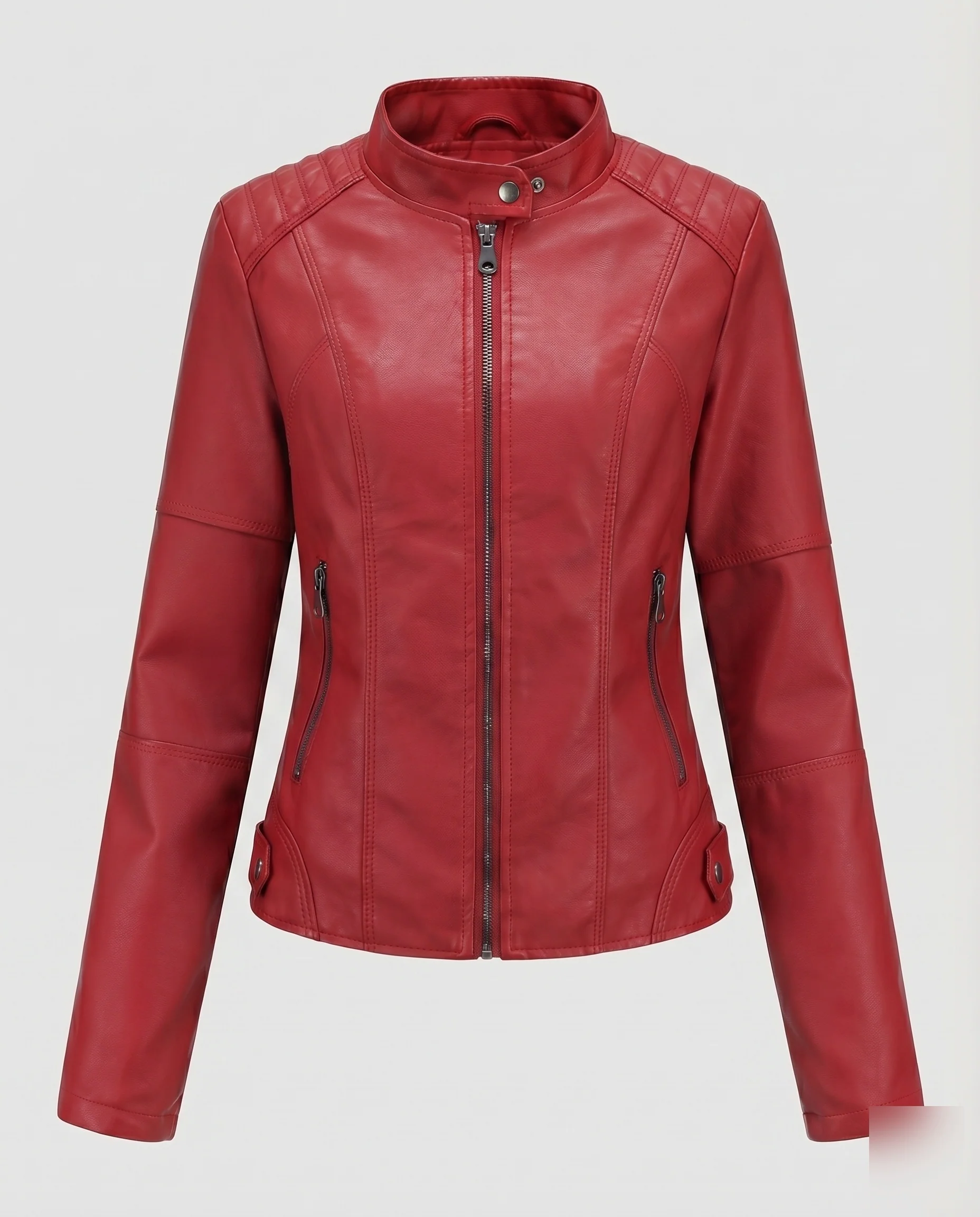 Damen Kunstlederjacke Tailliert Stehkragen Reißverschlusstaschen - Image 9