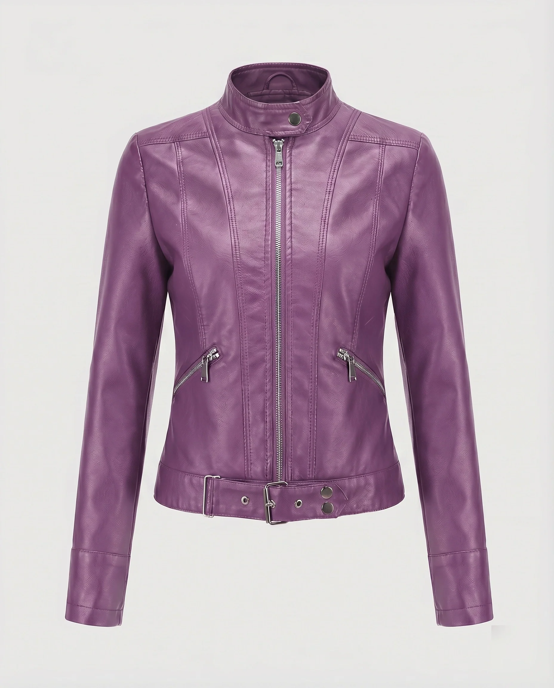 Damen Racer-Kurzjacke Vegan-Leder Stehkragen Taillenriegel - Image 10