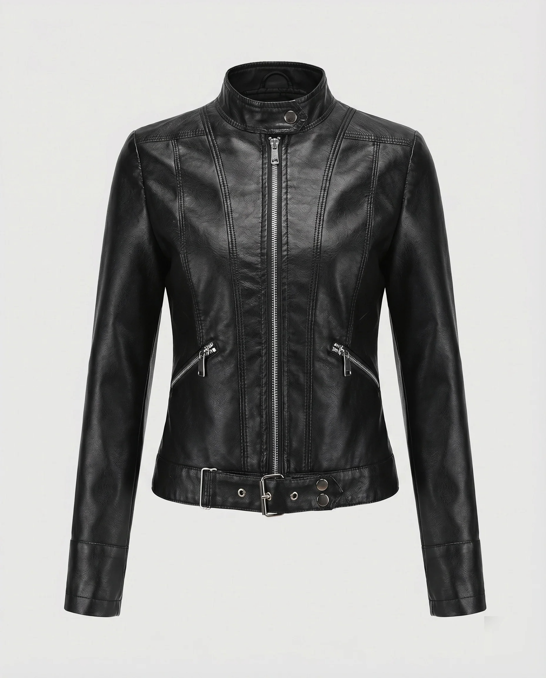 Damen Racer-Kurzjacke Vegan-Leder Stehkragen Taillenriegel - Image 5