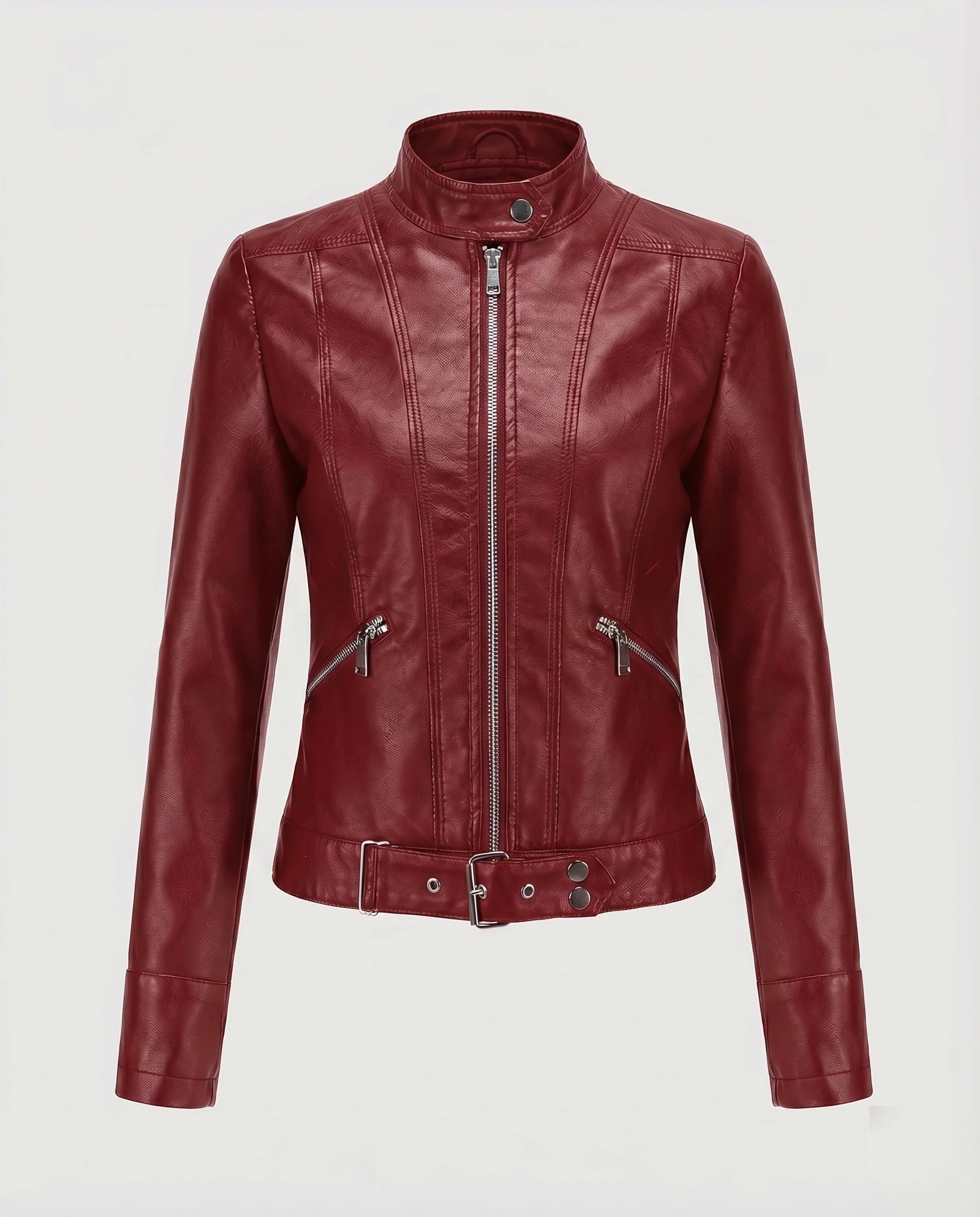 Damen Racer-Kurzjacke Vegan-Leder Stehkragen Taillenriegel - Image 6