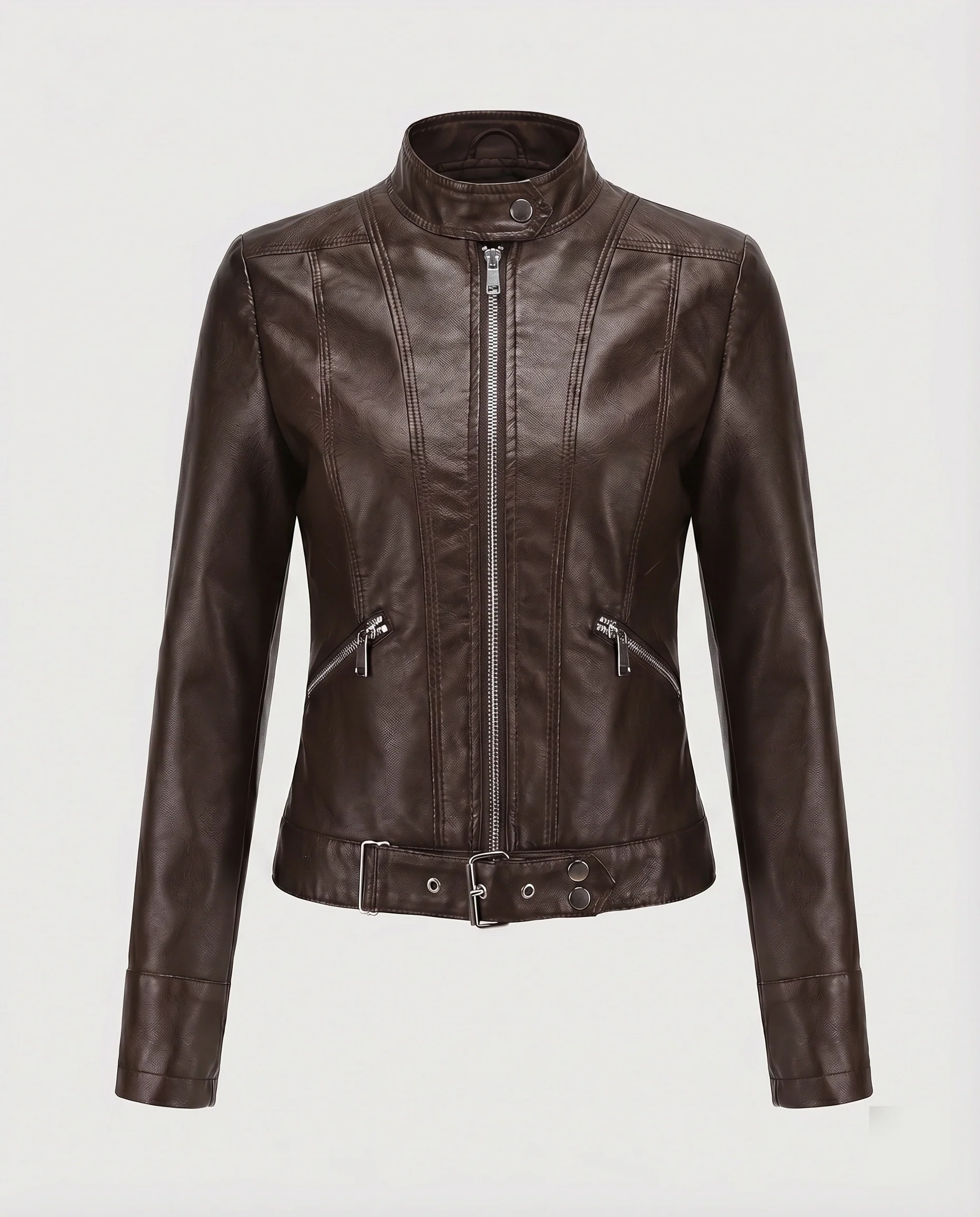 Damen Racer-Kurzjacke Vegan-Leder Stehkragen Taillenriegel - Image 7