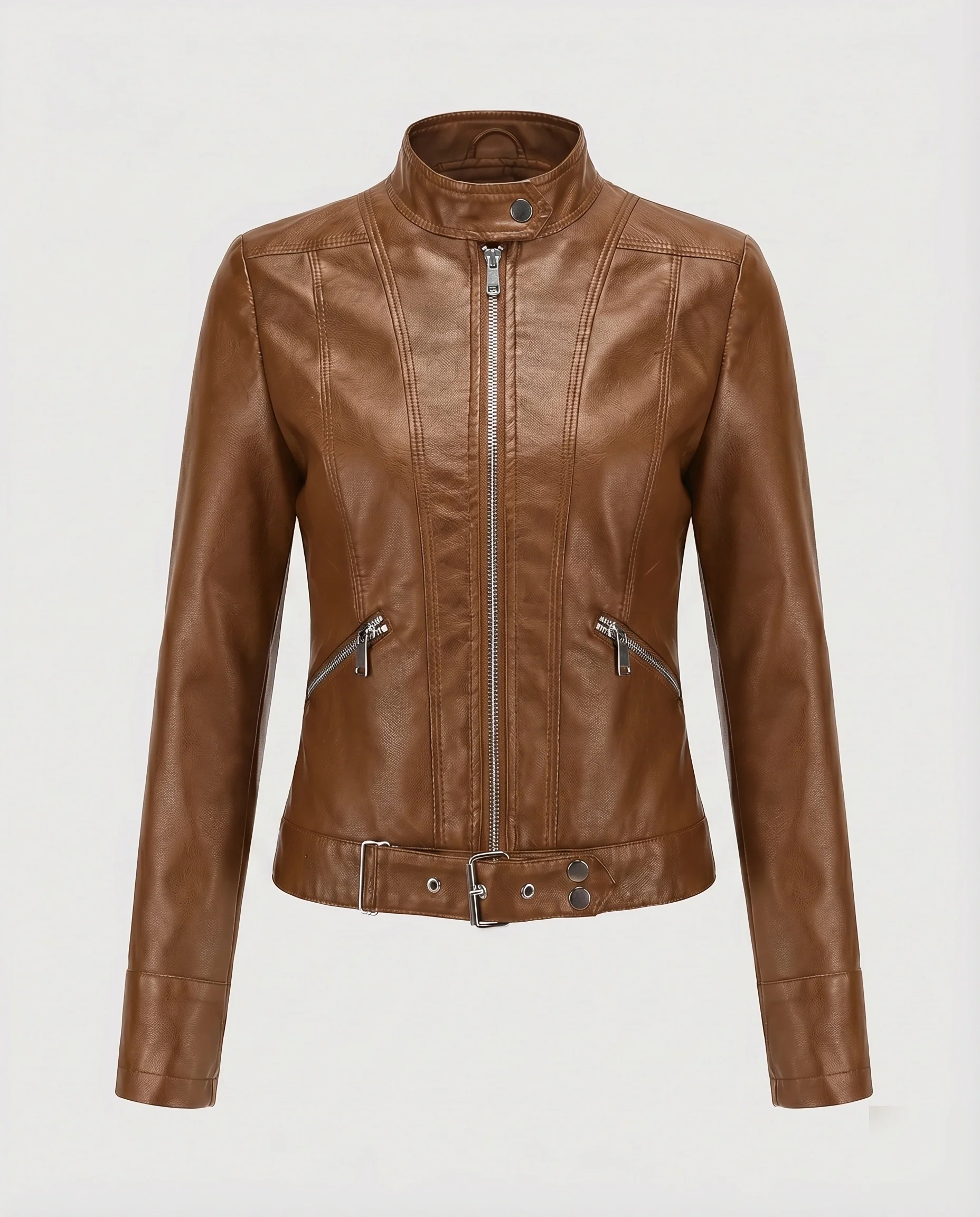Damen Racer-Kurzjacke Vegan-Leder Stehkragen Taillenriegel - Image 8