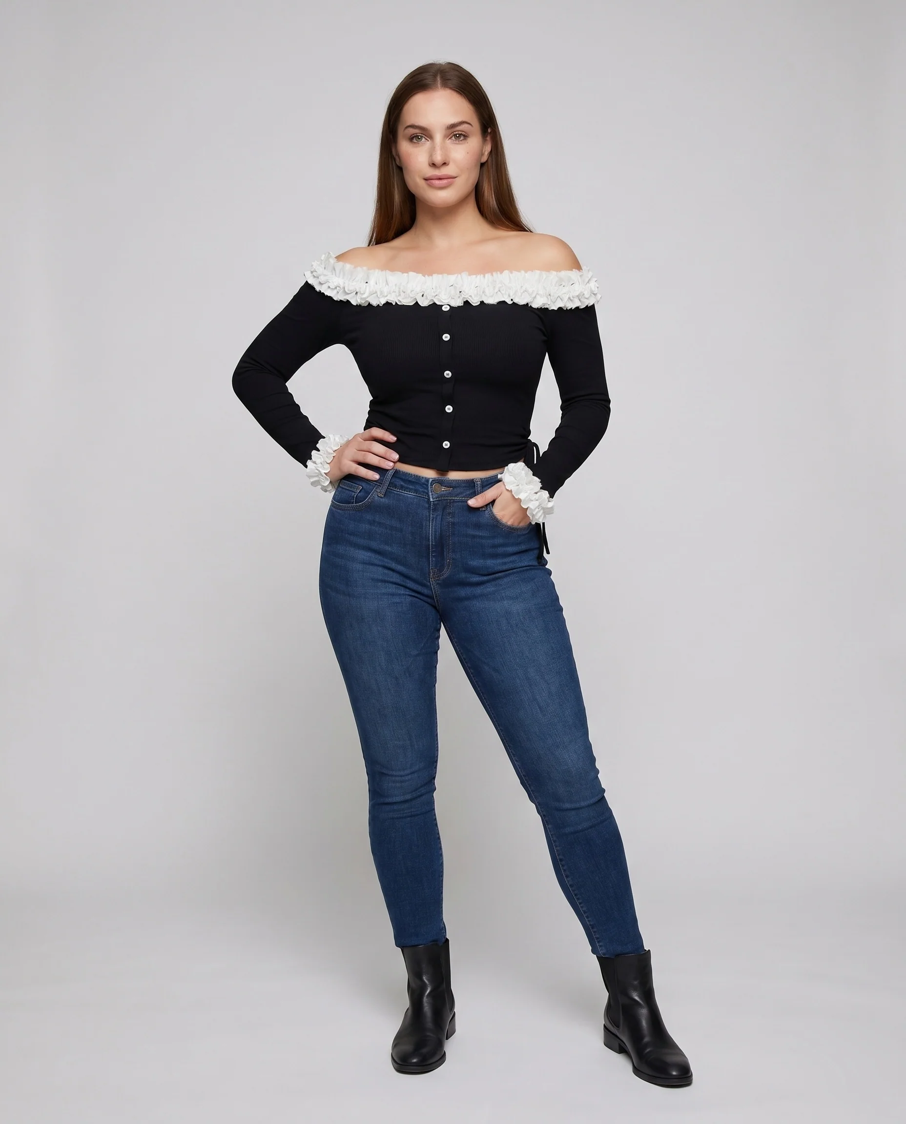 Damen nan taillierte Off-Shoulder Strickjacke mit asymmetrischem Rüschenkragen und Zierknopfleiste