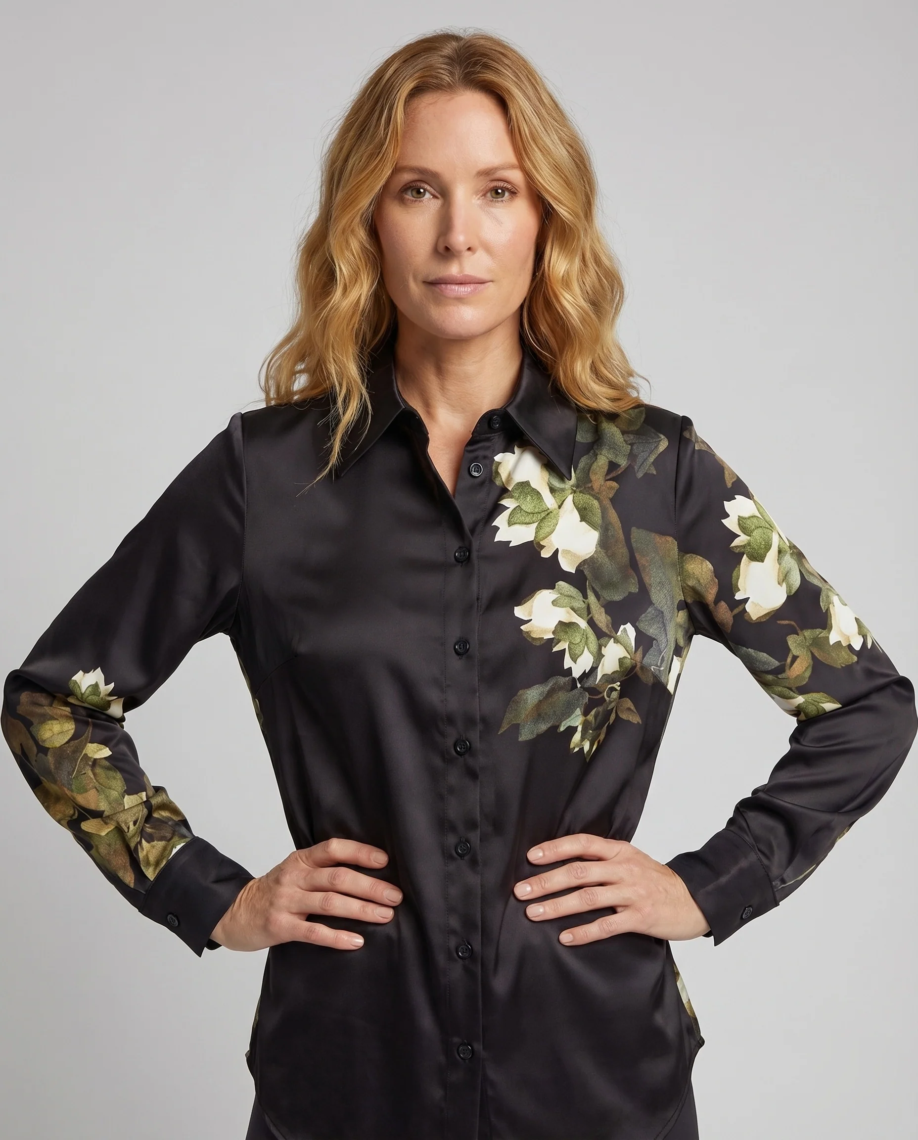 Damen Satinbluse Floraler Druck Asymmetrisches Schößchen - Image 2