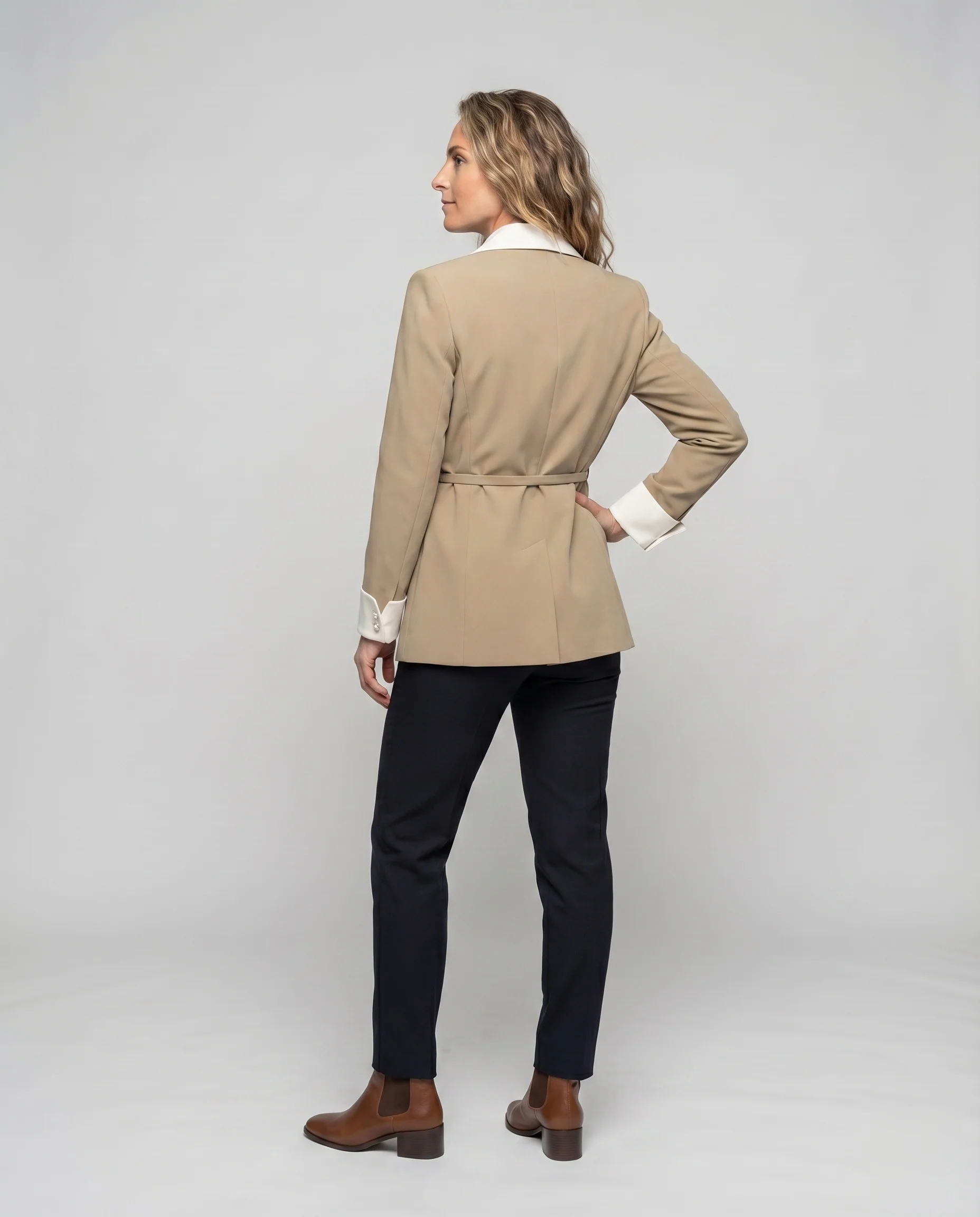 Damen Blazer Kontrastkragen Perlenknöpfe Taillengürtel - Image 4