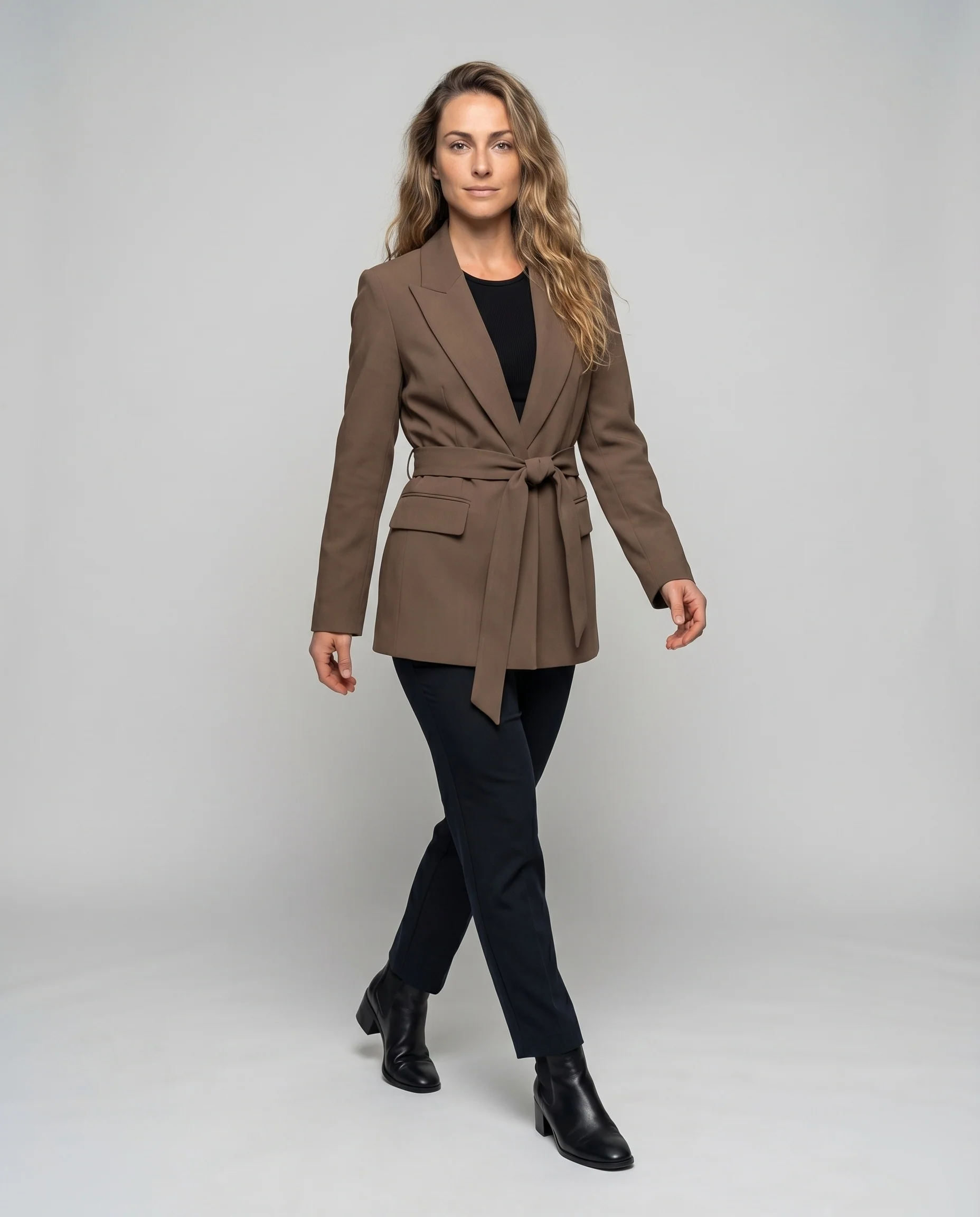 Damen Blazer Reverskragen Bindegürtel Pattentaschen