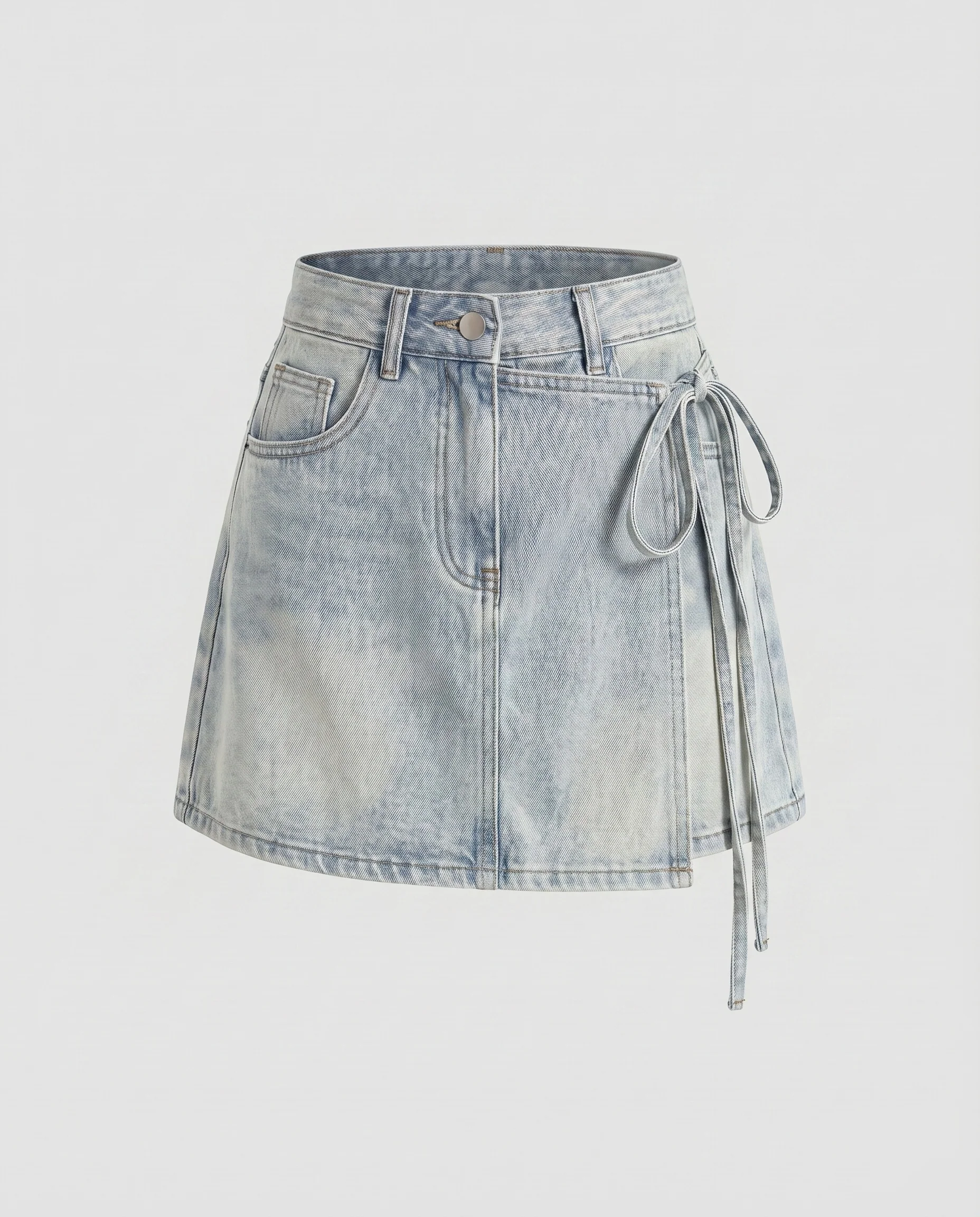 Damen Jeans-Minirock Tailliert Seitliche Bindung Nahtpaneele - Image 7