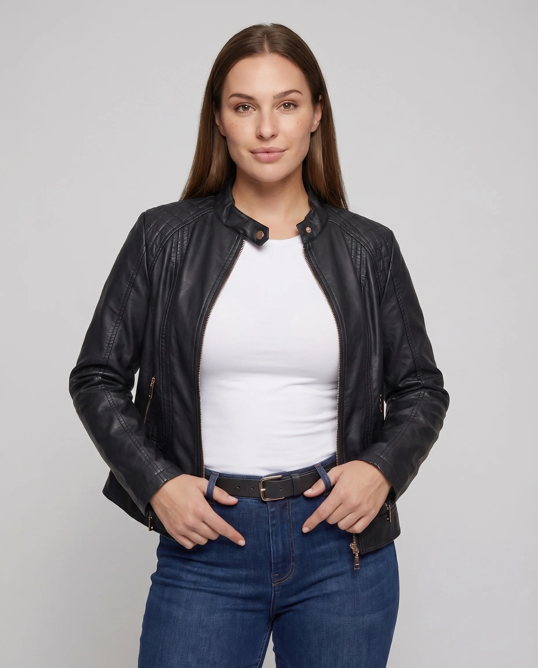 Damen Kunstleder-Blouson Rautensteppung Stehkragen Zipper-Taschen - Image 2