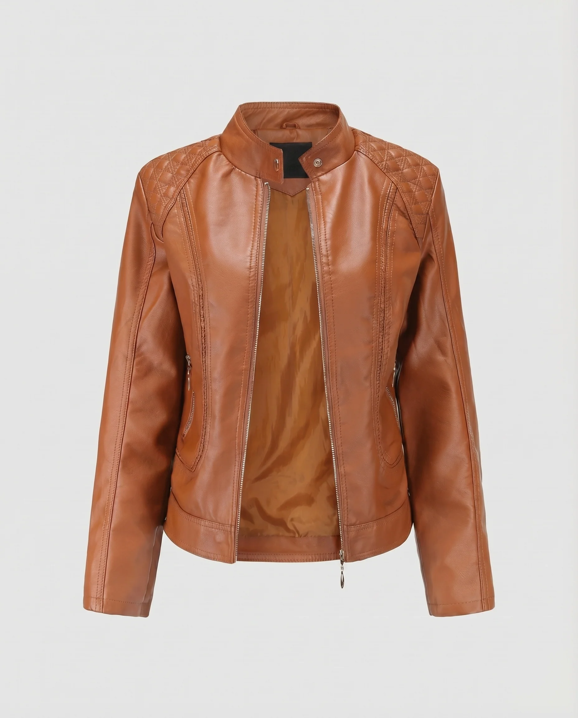 Damen Kunstleder-Blouson Rautensteppung Stehkragen Zipper-Taschen - Image 6