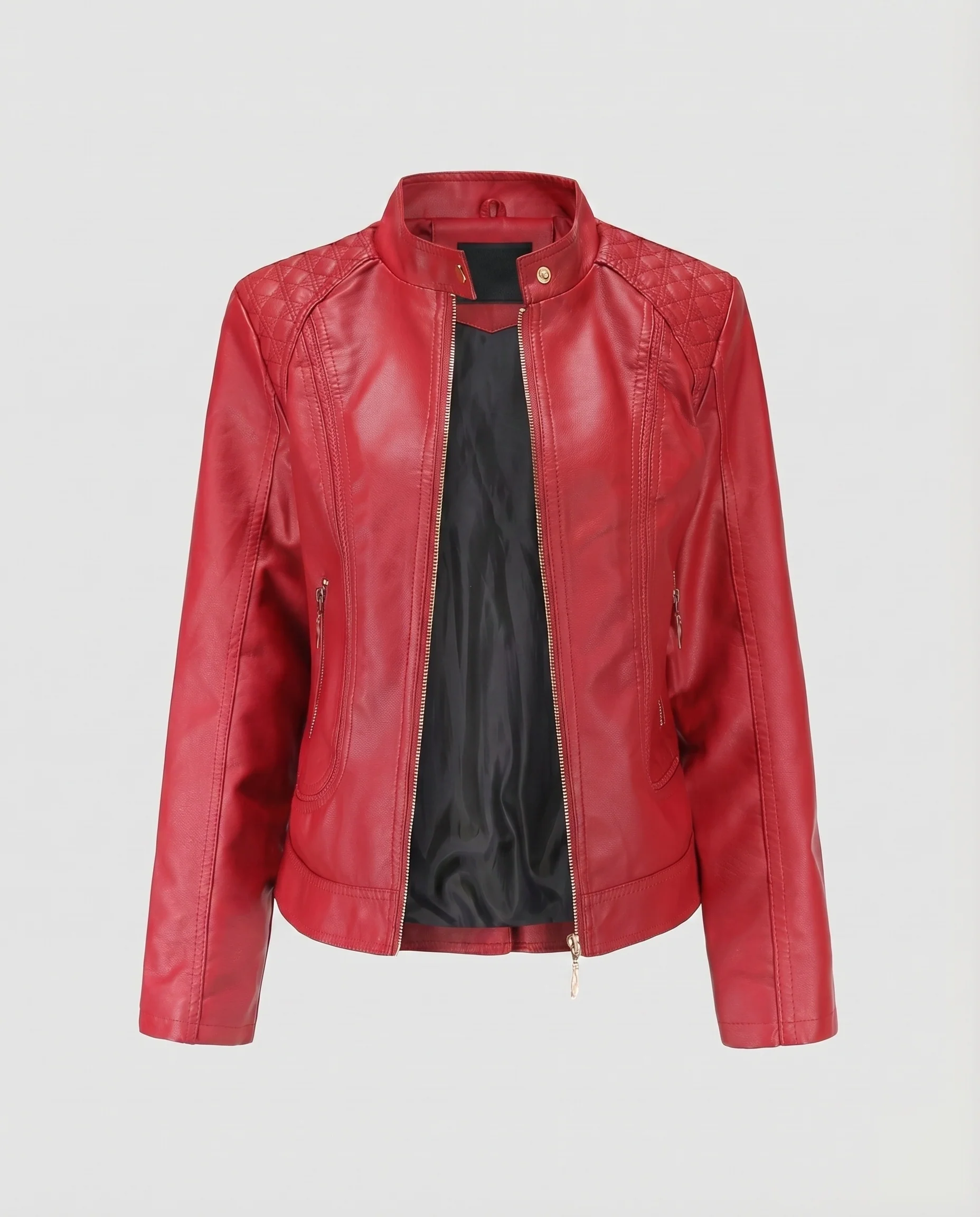 Damen Kunstleder-Blouson Rautensteppung Stehkragen Zipper-Taschen - Image 8