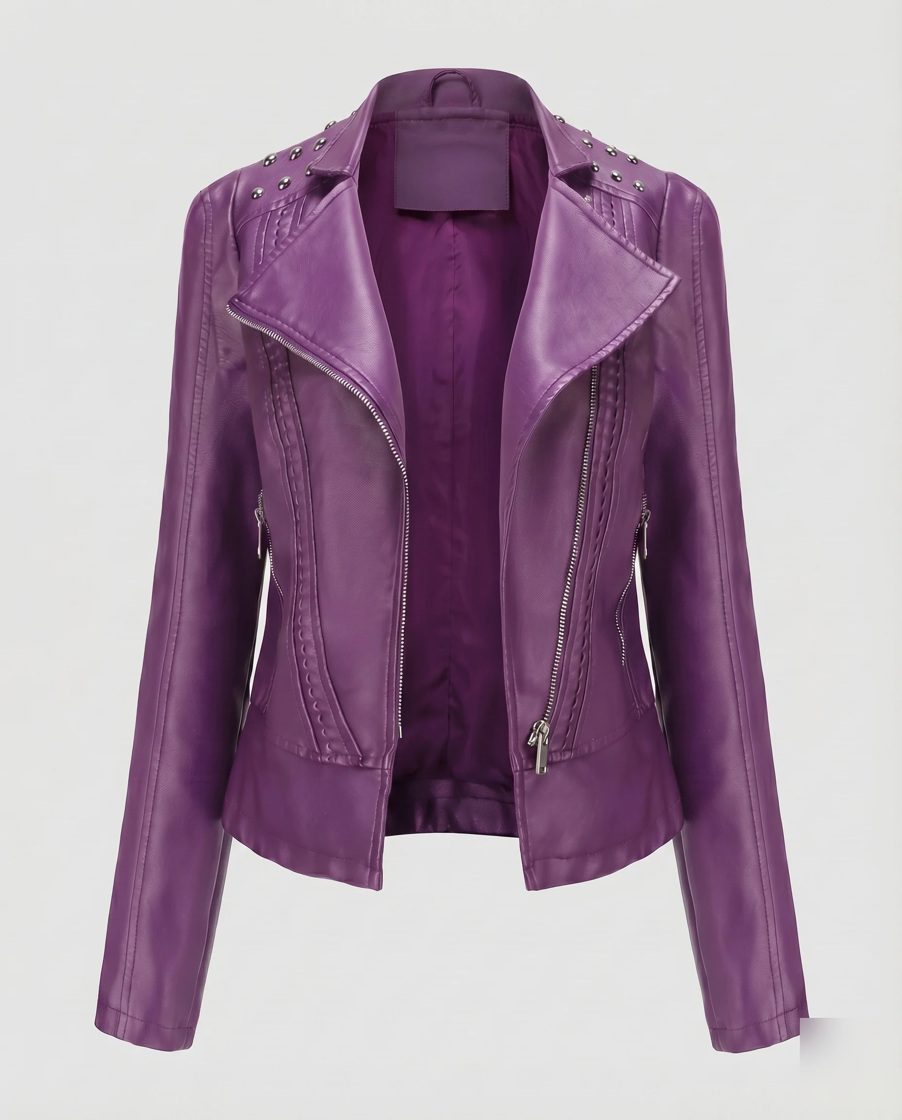 Damen Motorrad-Kurzblouson Nietenbesatz Ziernähte Zipper-Taschen - Image 7