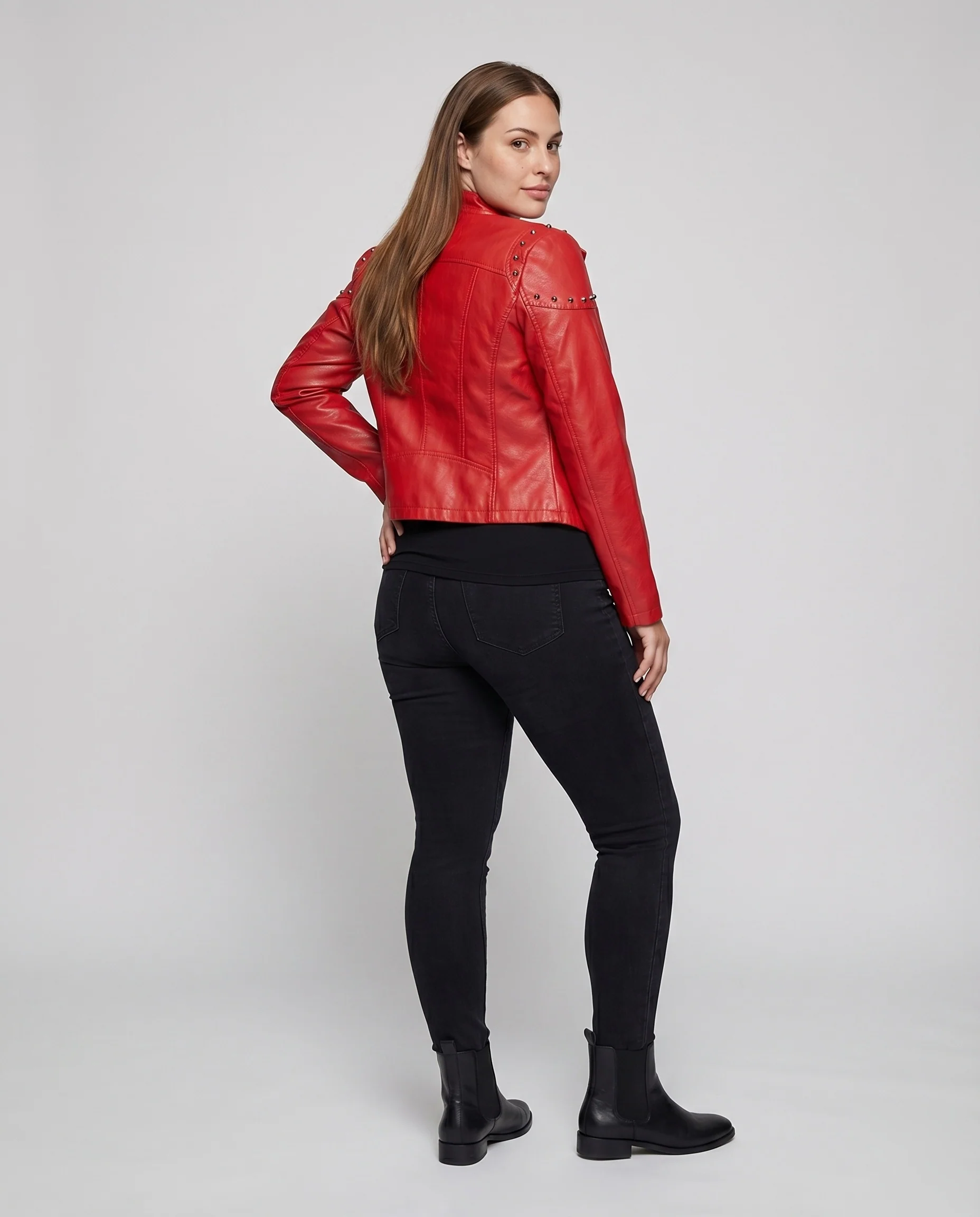 Damen Rocker-Kurzblouson Nietenapplikation Asymmetrisch Revers - Image 4
