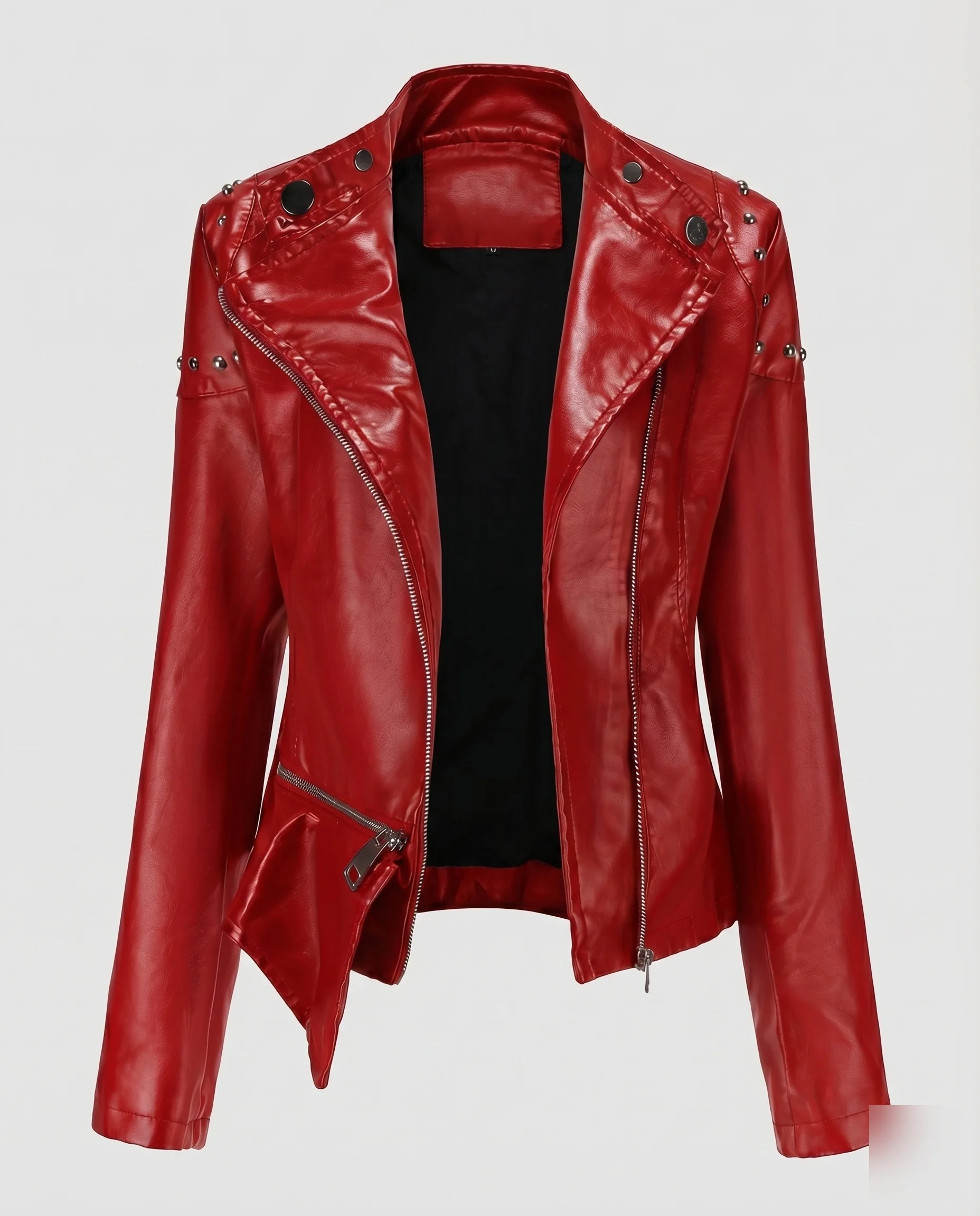 Damen Rocker-Kurzblouson Nietenapplikation Asymmetrisch Revers - Image 7