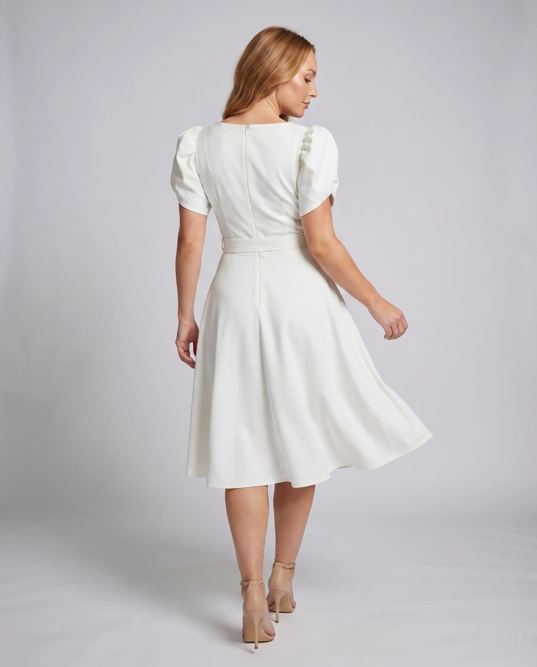 Damen A-Linienkleid Bootsausschnitt Puffärmel Taillengürtel - Image 4